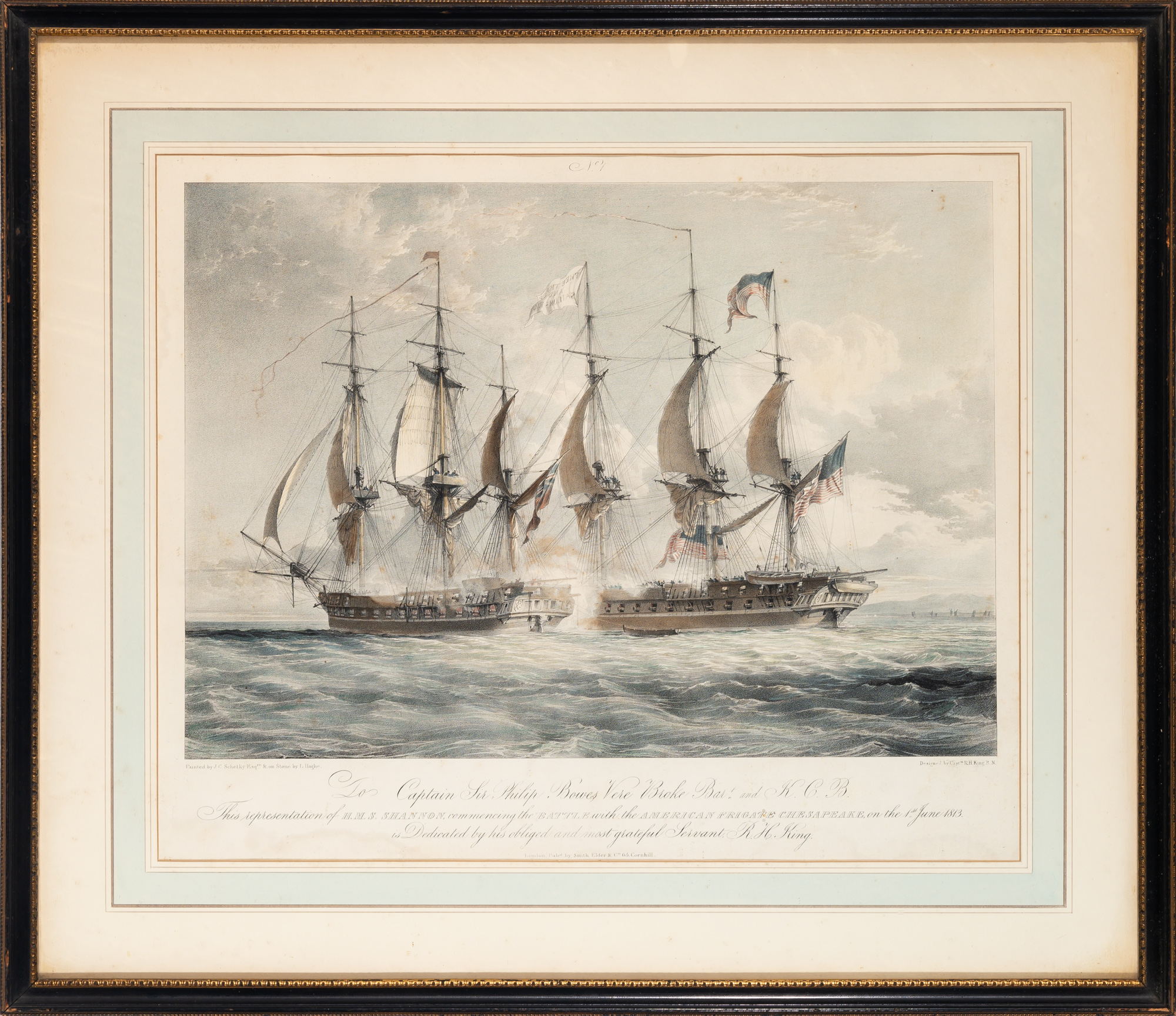 Lot image - [WAR of 1812]  Set of four lithographs depicting the battle between the U.S.S. Chesapeake and H.M.S. Shannon.