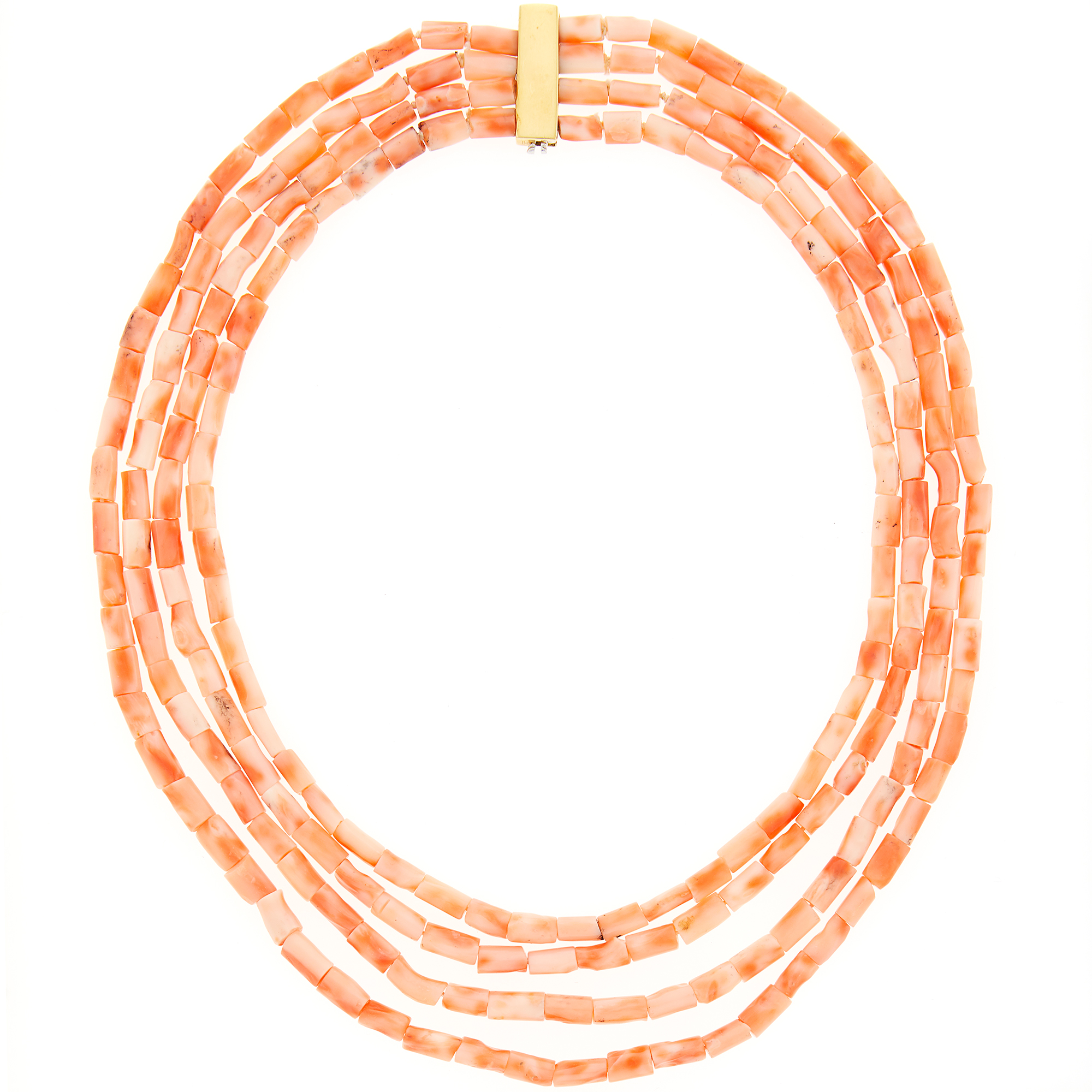 Lot image - Four Strand Coral Bead Necklace with Two-Color Gold Bar Clasp