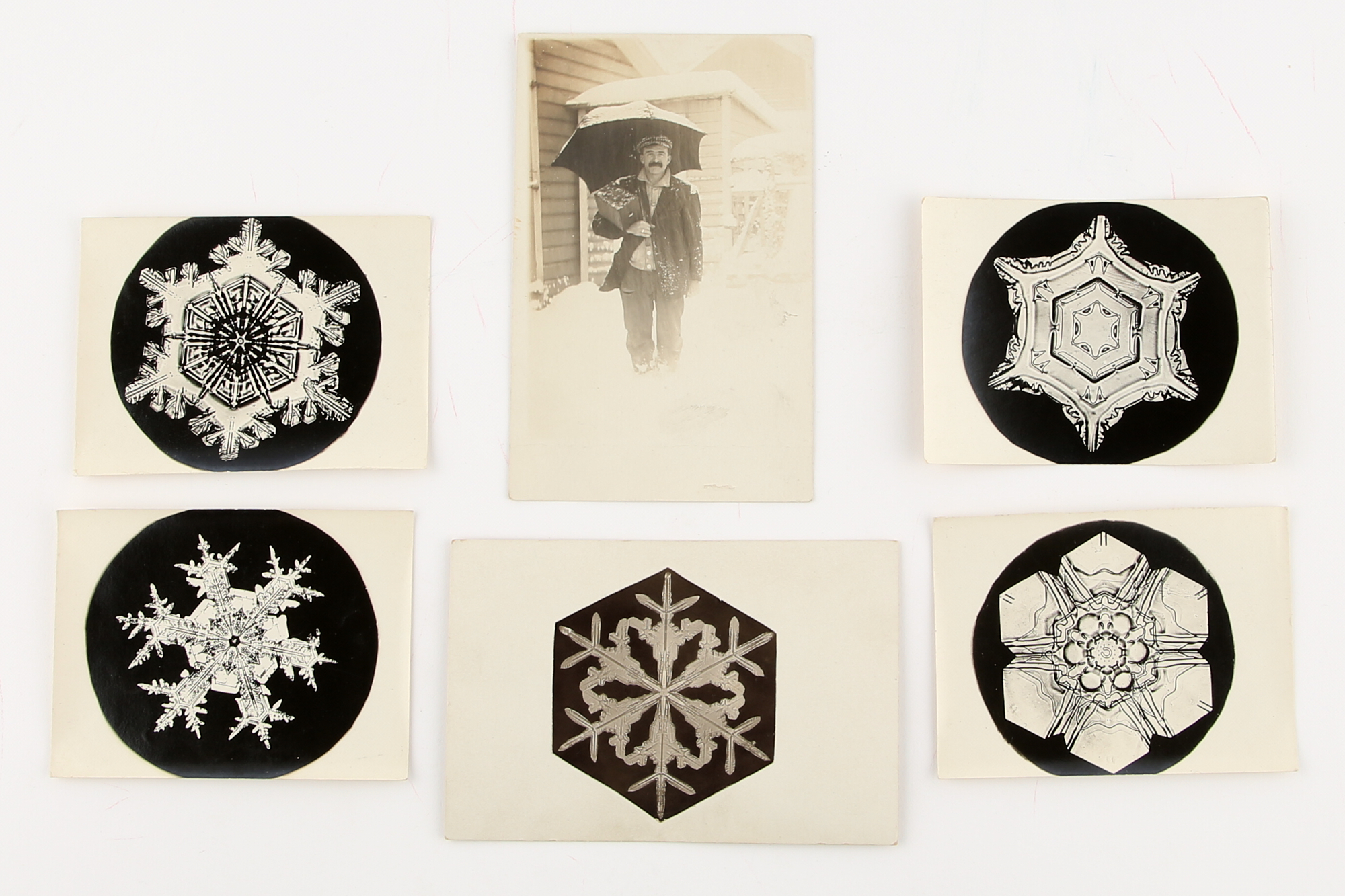Lot image - BENTLEY, WILSON A. (1865-1931)  Five gold chloride toned photomicrographs of snow crystals,