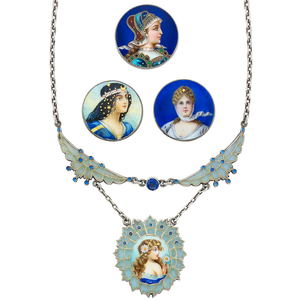Lot image - Three Antique Silver and Enamel Portrait Brooches and Silver, Plique-a-Jour  Enamel and Blue Stone Pendant-Necklace