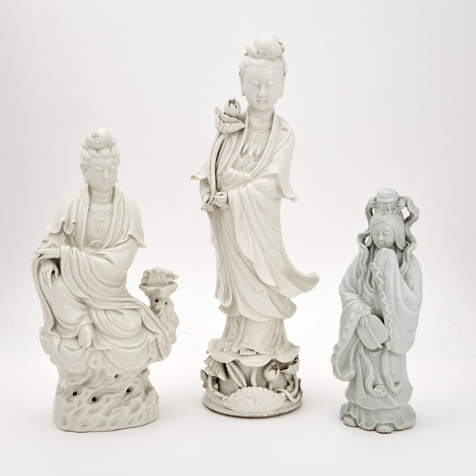 Lot image - Group of Three Chinese Blanc de Chine Porcelain Figures of Women