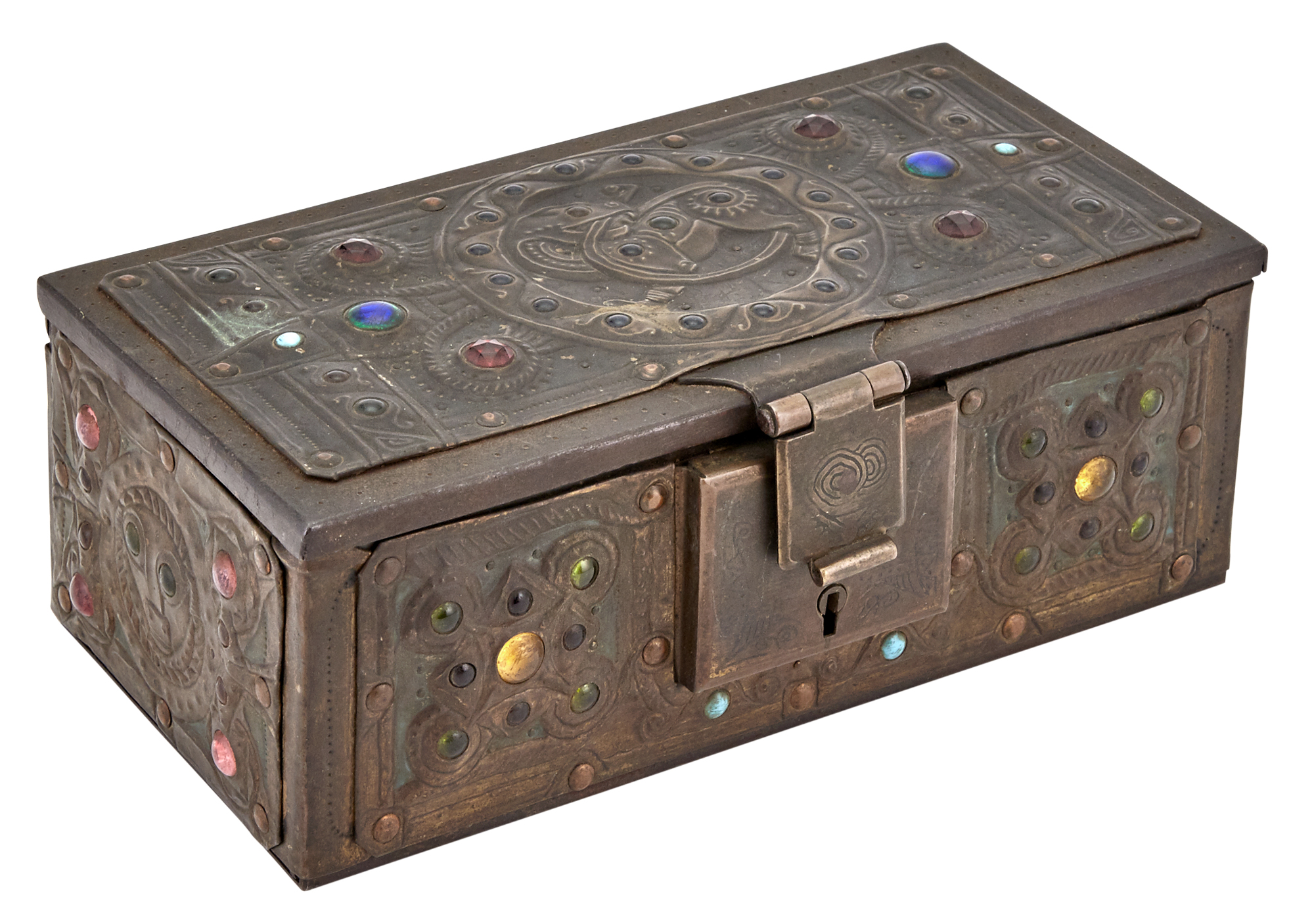 Lot image - Alfred Daguet Art Nouveau Repoussé Brass Clad Metal and Glass Jeweled Box