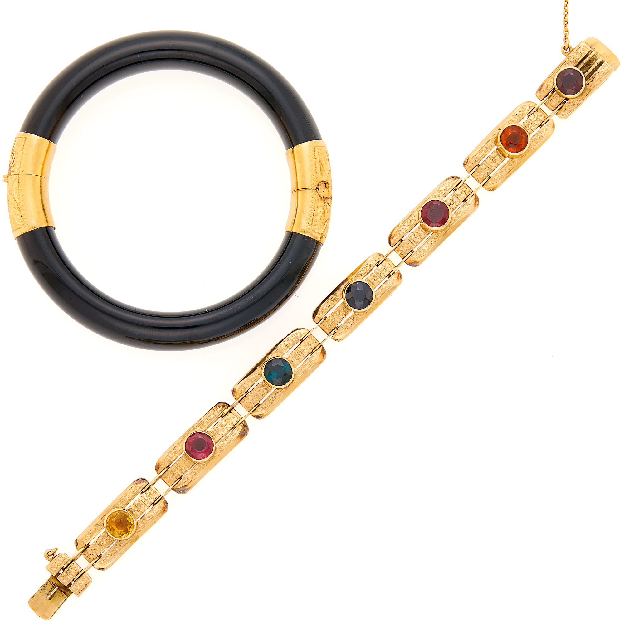 Lot image - Gold, Colored and Synthetic Stone Bracelet and Gold and Black Onyx Bangle Bracelet