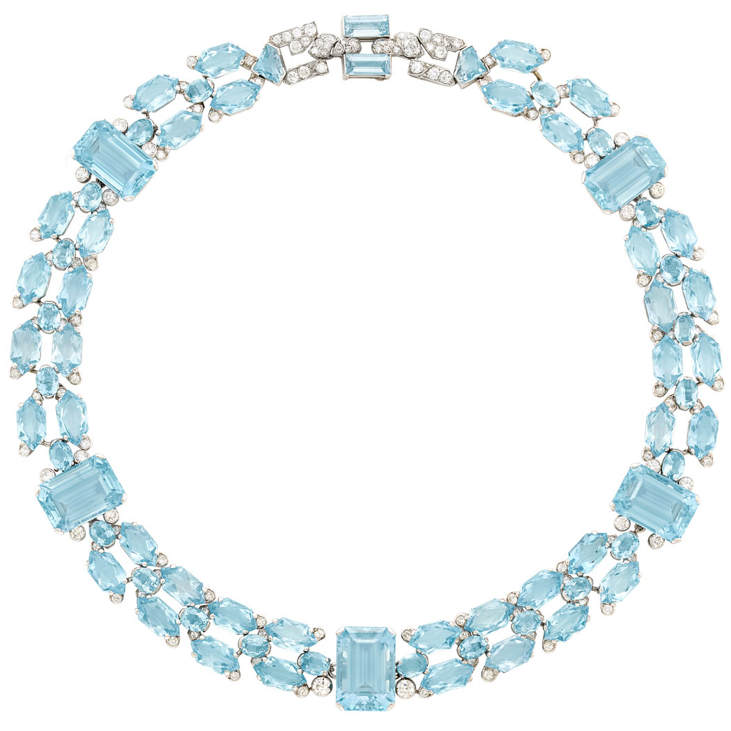 Lot image - Art Deco Platinum, Aquamarine and Diamond Necklace, Cartier, London