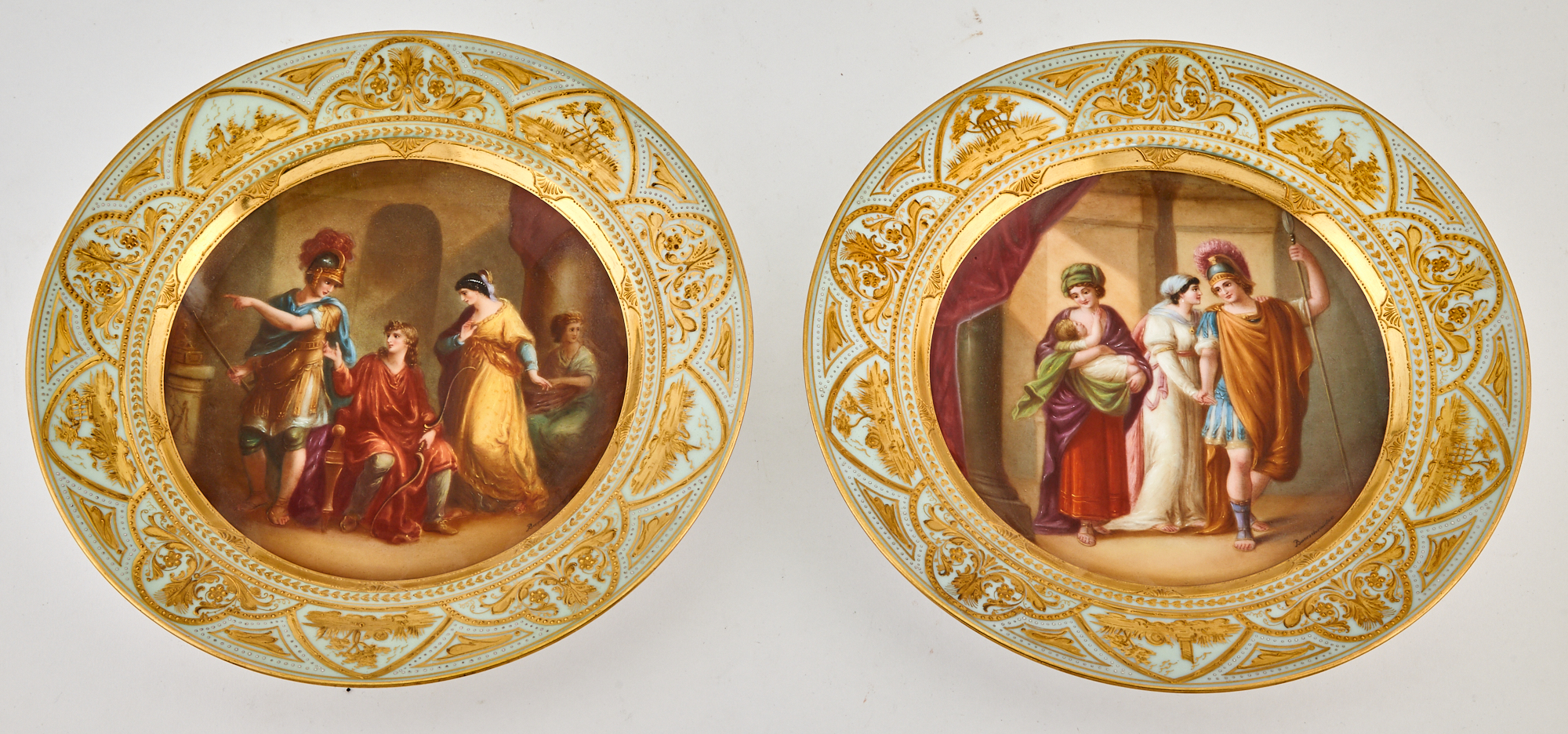 Lot image - Pair of Vienna Style Hand-Painted Pale Green Turquoise Ground Porcelain Cabinet Plates Titled Hectors Farewell