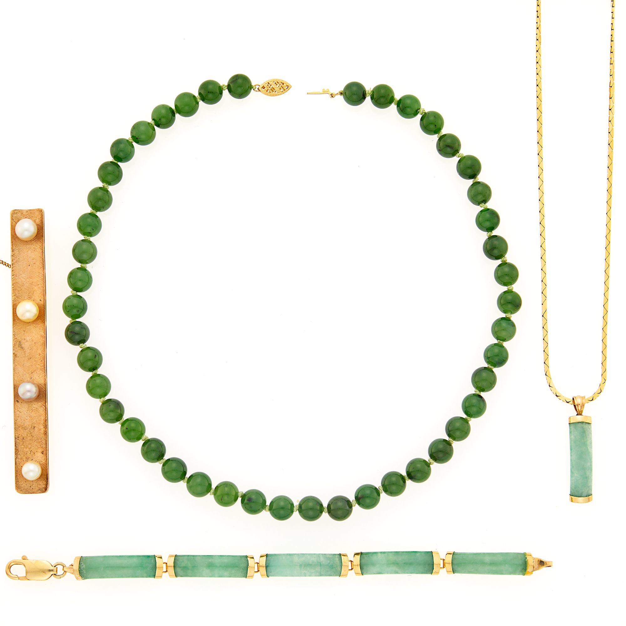 Lot image - Nephrite Bead Necklace, Gold and Jade Bracelet and Pendant with Chain Necklace and Low Karat Gold and Cultured Pearl Brooch