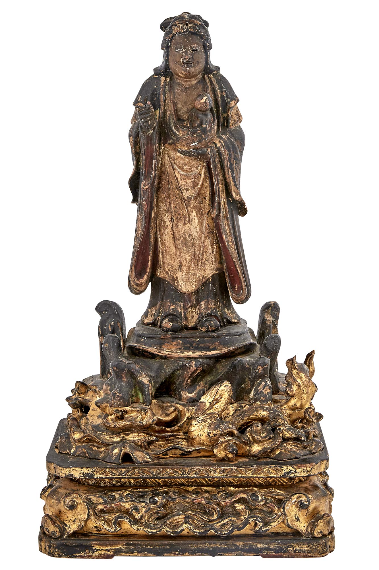 Lot image - Japanese Painted and Giltwood Sculpture of a Female and Child