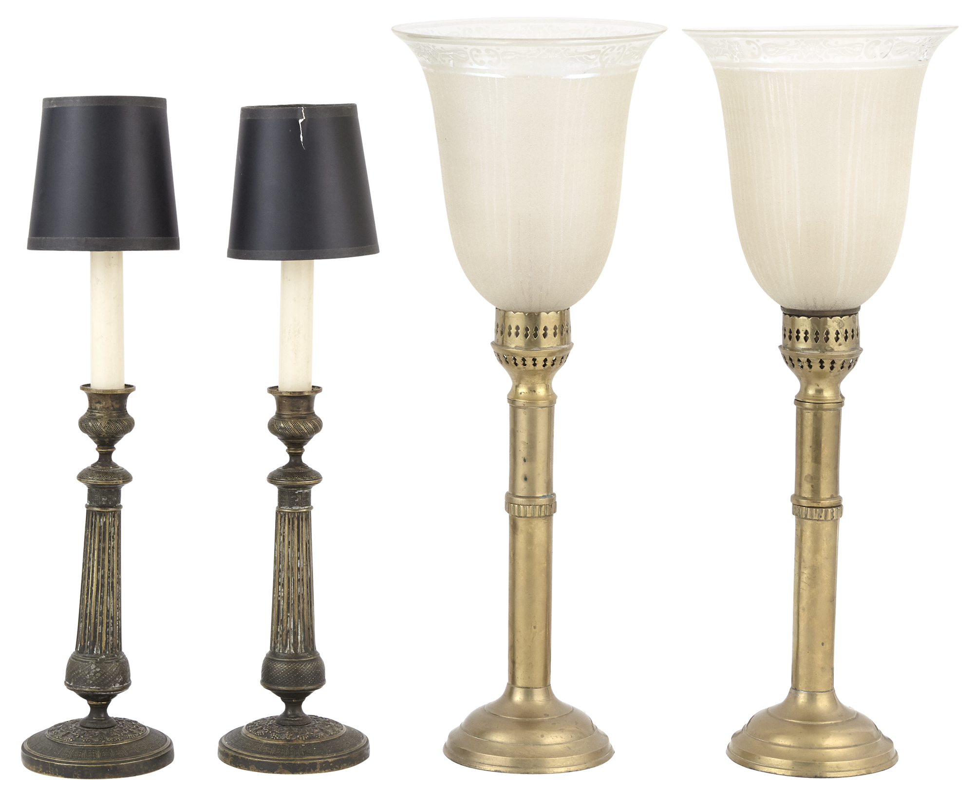 Lot image - Pair of Continental Brass and Glass Table Lamps, possibly Russian