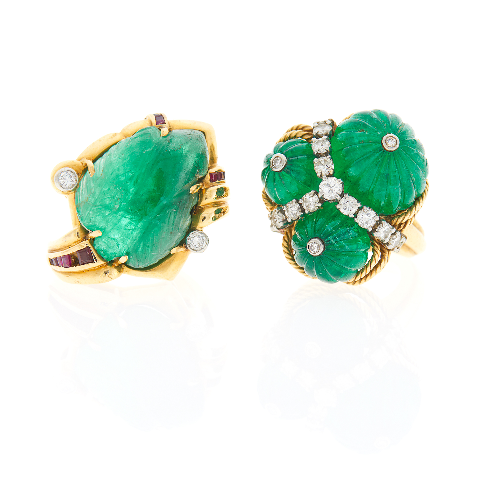 Lot image - Two Gold, Carved Emerald, Diamond and Ruby Rings