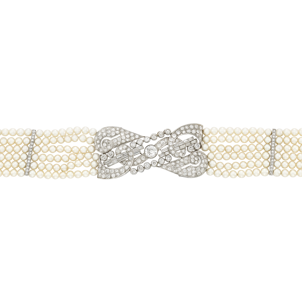 Lot image - Six Strand Cultured Pearl, Platinum, White Gold and Diamond Choker Necklace