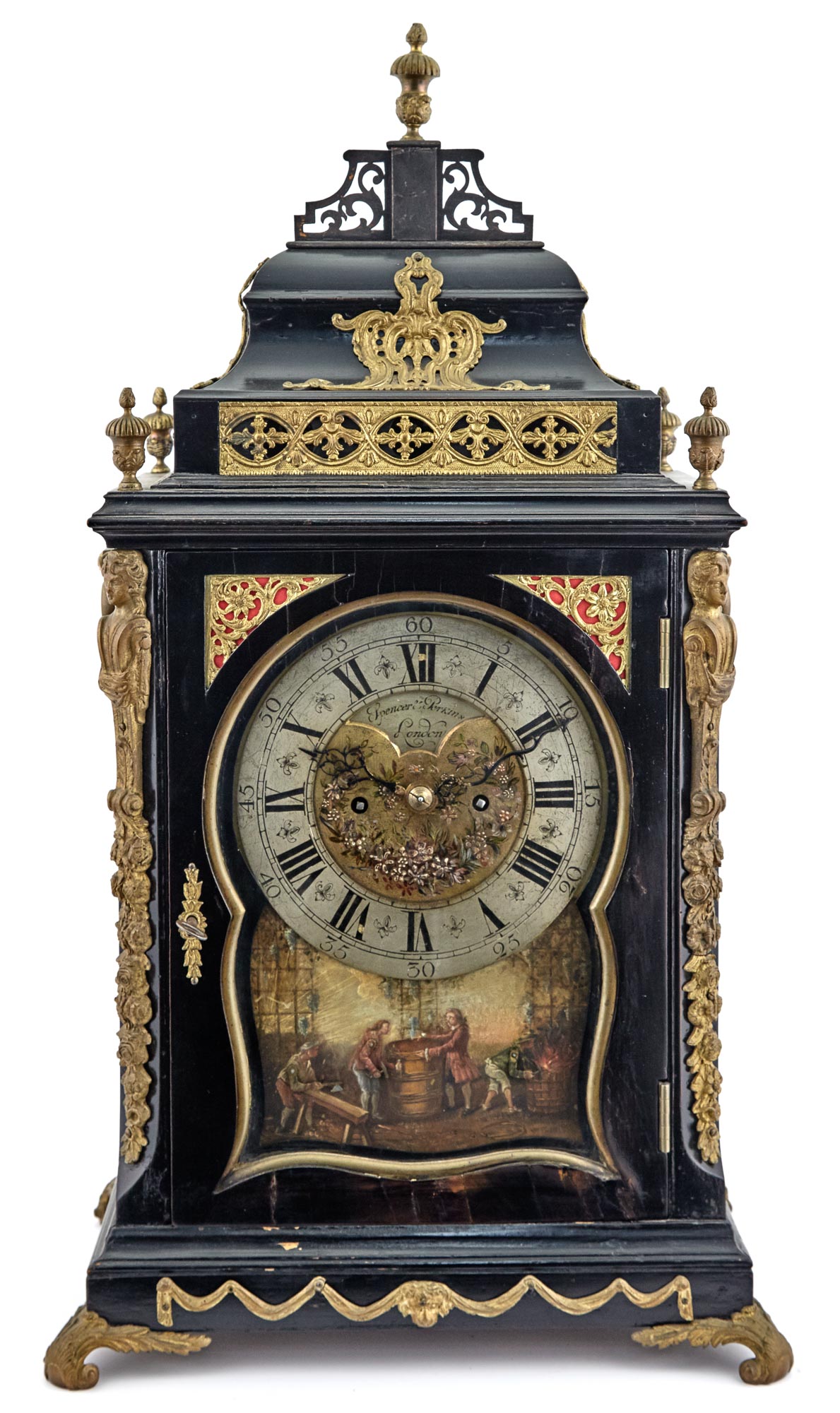 Lot image - George III Ebonized and Brass-Mounted Automaton Clock by Spencer & Perkins, London
