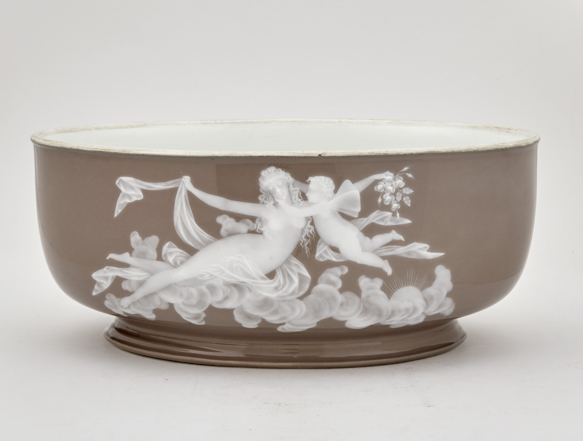 Lot image - French Pâte-Sur-Pâte Gray Ground Porcelain Oval Center Bowl