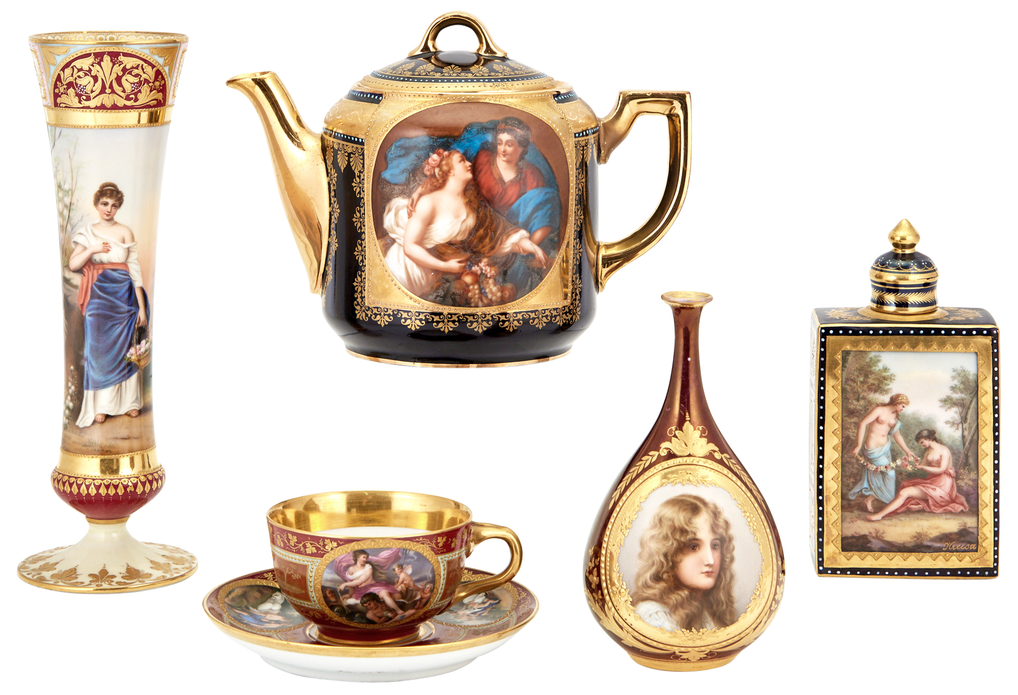 Lot image - Group of Vienna Style Gilt and Hand-Painted Porcelain Cabinet Articles