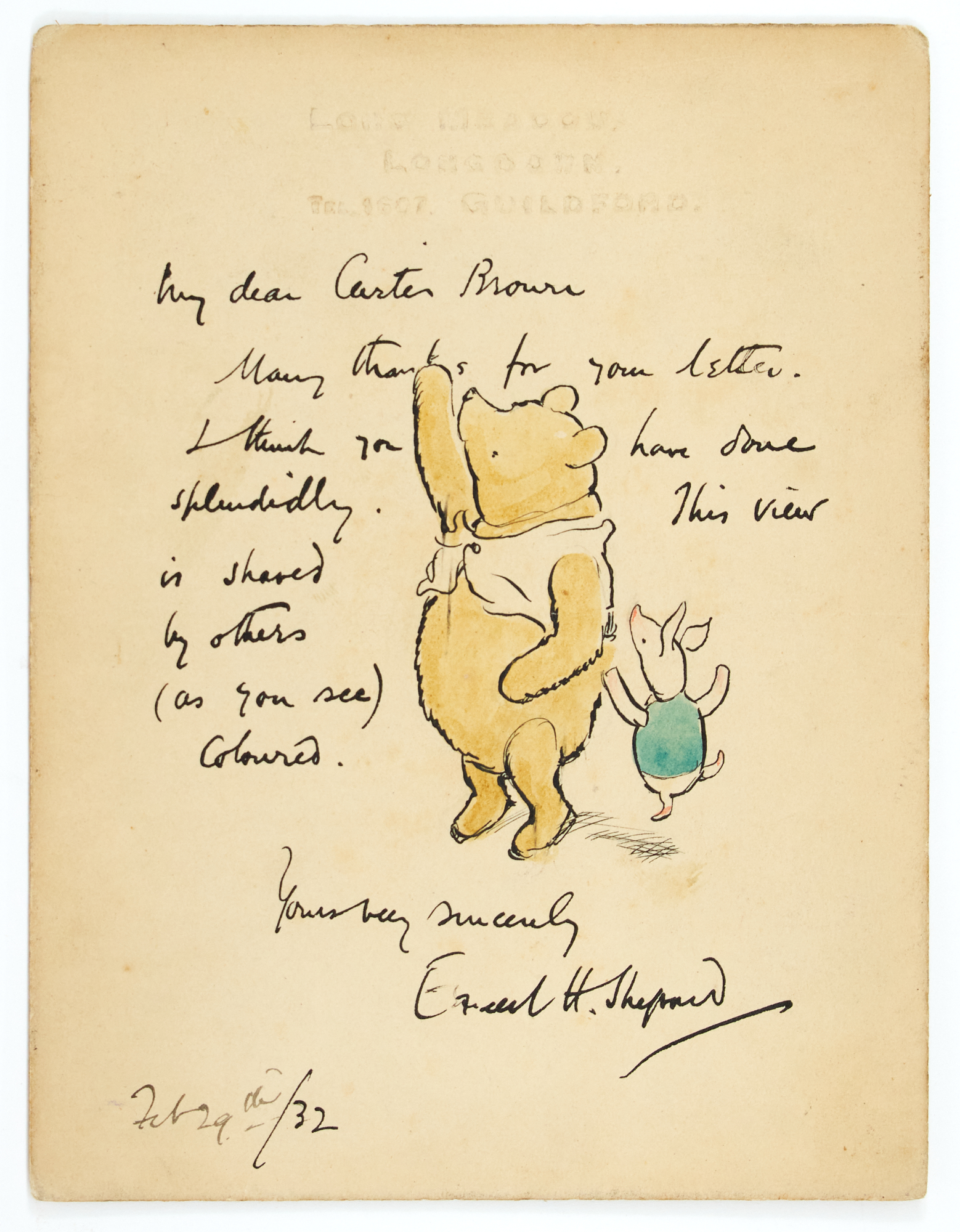 Lot image - SHEPARD, ERNEST H.  Colored drawing of Winnie-the-Pooh and Piglet, in an autograph letter signed by Shepard.