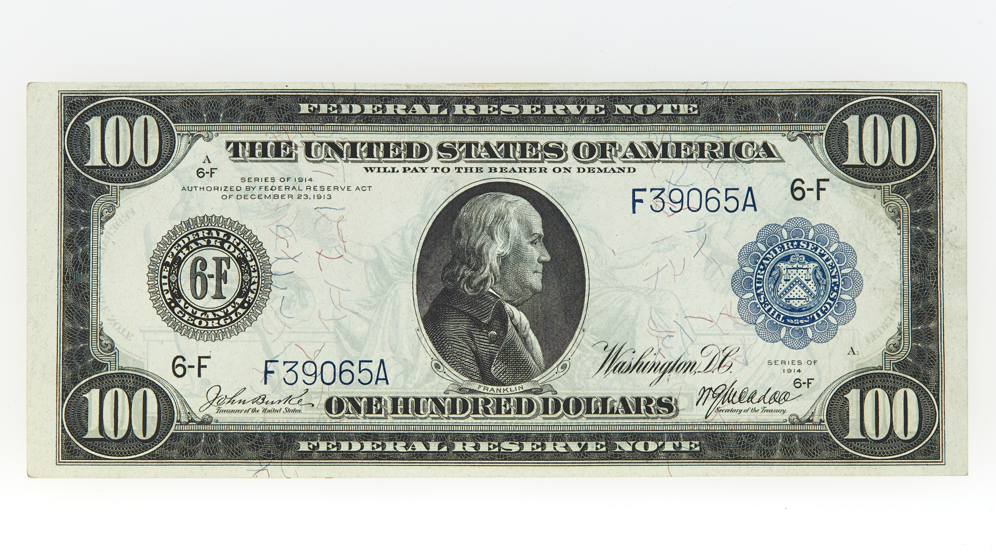 Lot image - United States 1914 FRN Atlanta $100 Note Fr no. 1104