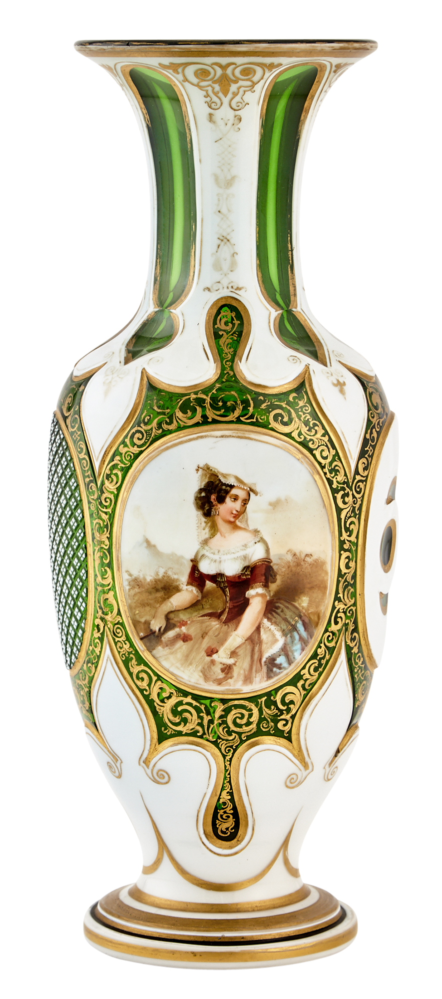 Lot image - Bohemian Style Gilt Decorated Green and White Overlay Glass Portrait Vase