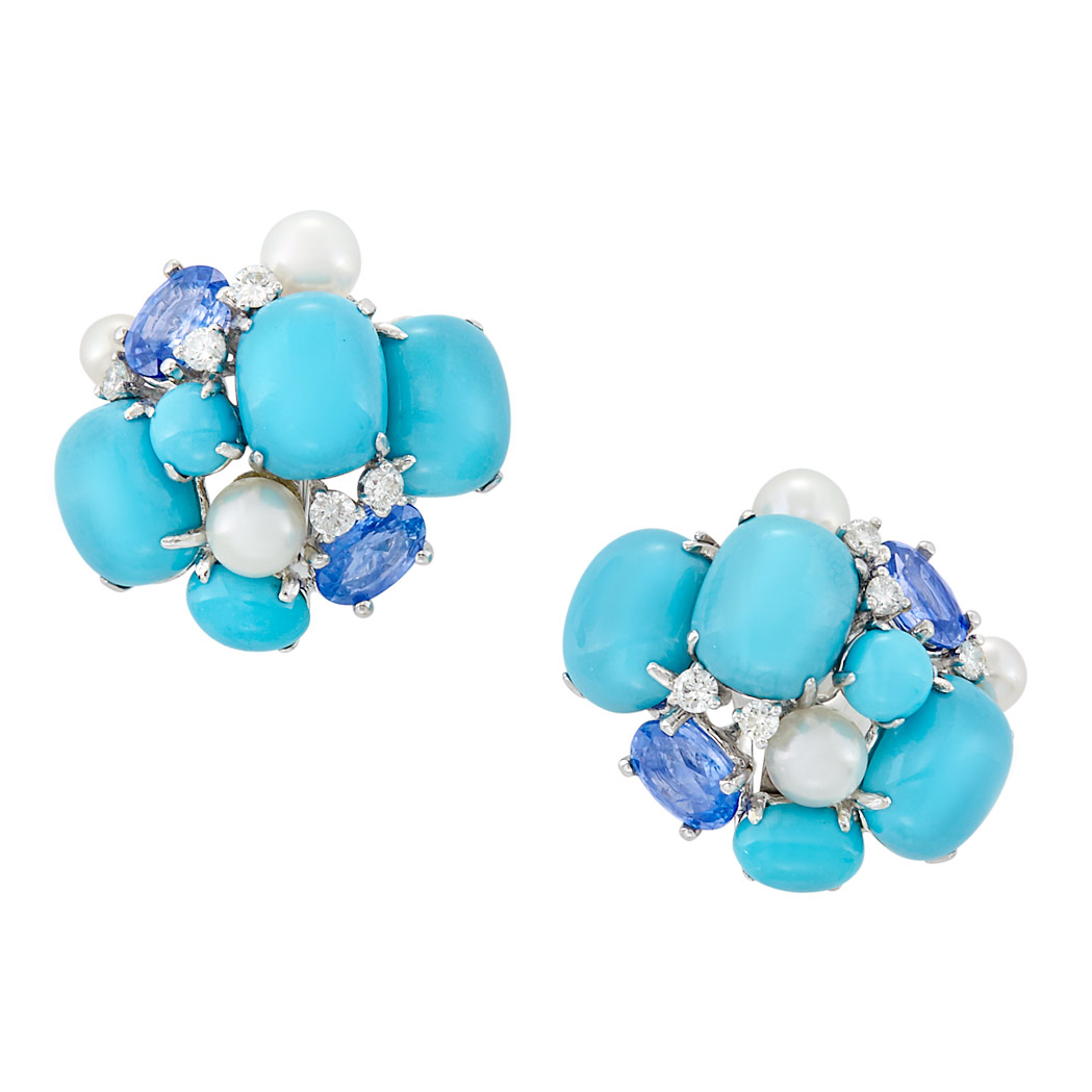 Lot image - Pair of White Gold, Turquoise, Sapphire and Diamond Cluster Earclips