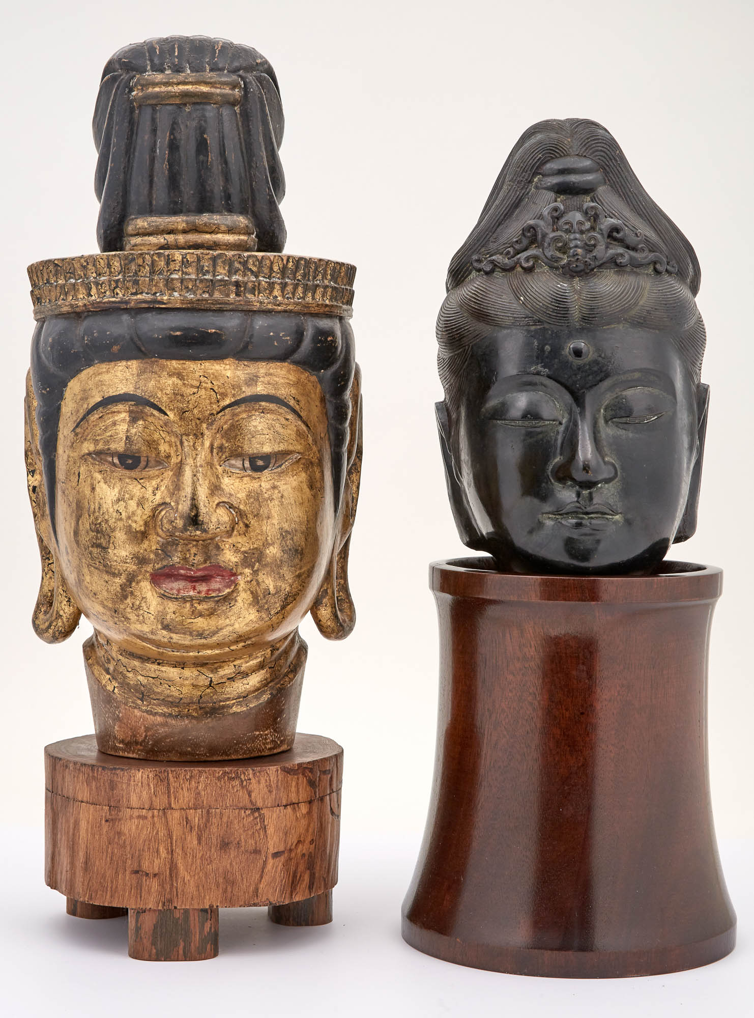 Lot image - Chinese Giltwood Head of Guanyin; Together with a Bronze Head of Guanyin