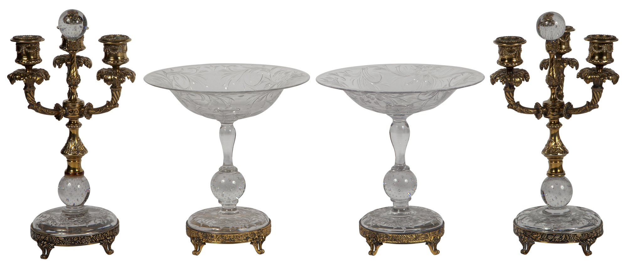 Lot image - Pair of Gilt-Metal Mounted Cut Glass Three-Light Candelabra
