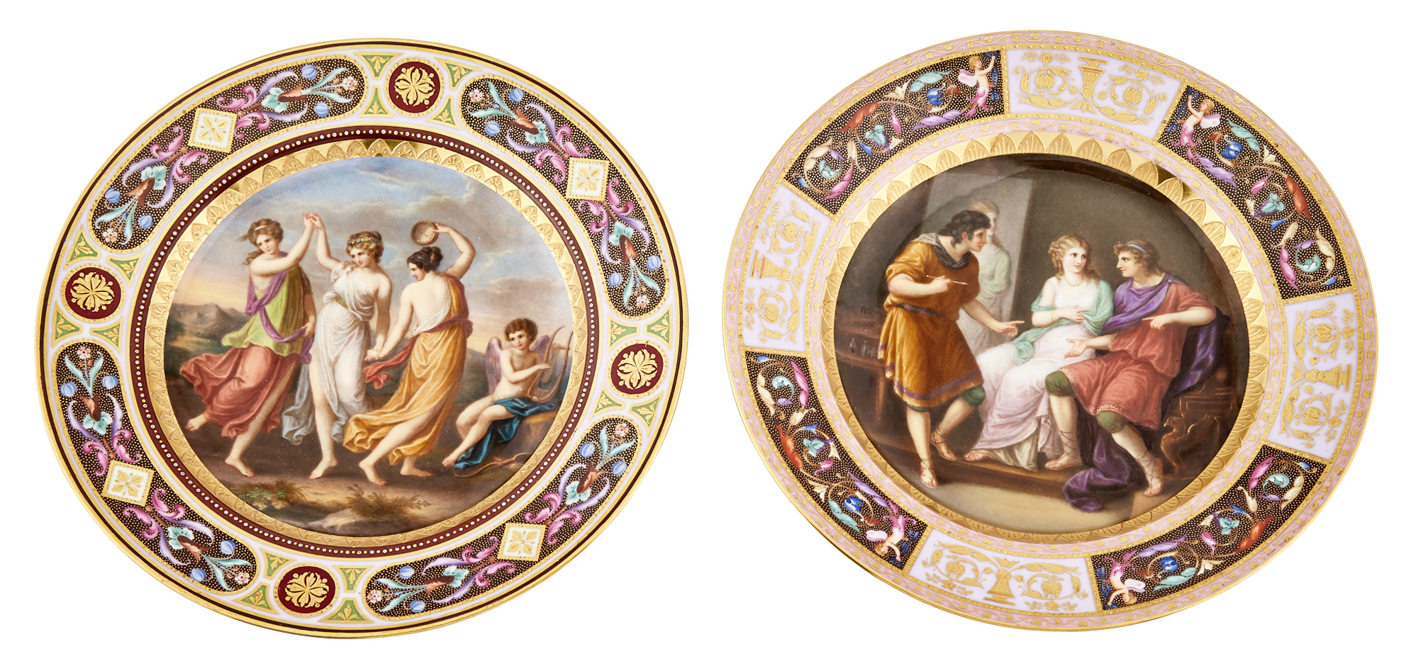 Lot image - Two Vienna Style Gilt and Hand-Painted Porcelain Cabinet Plates