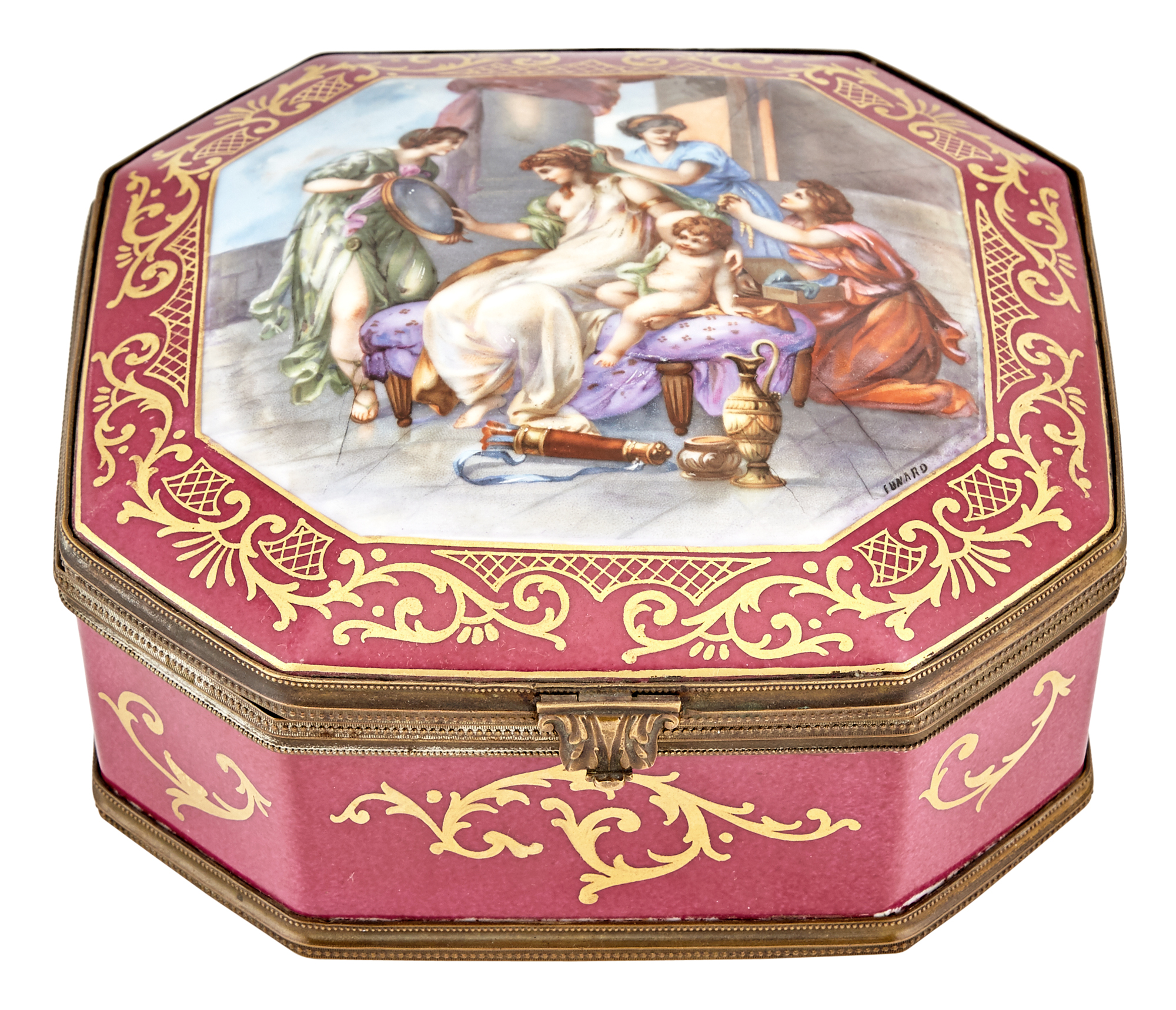 Lot image - Sèvres Style Metal-Mounted Puce Ground Porcelain Toiletry Box