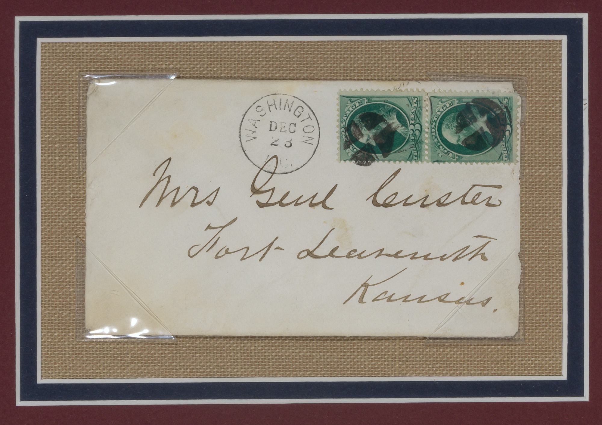 Lot image - CUSTER, GEORGE ARMSTRONG, General  Envelope addressed to Mrs. Genl. Custer, in his hand.