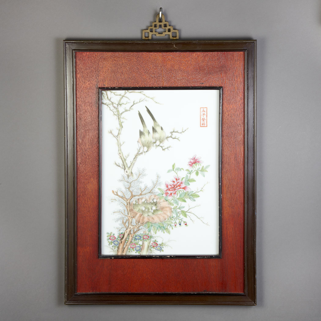 Lot image - Framed Chinese Famille Rose Porcelain Panel