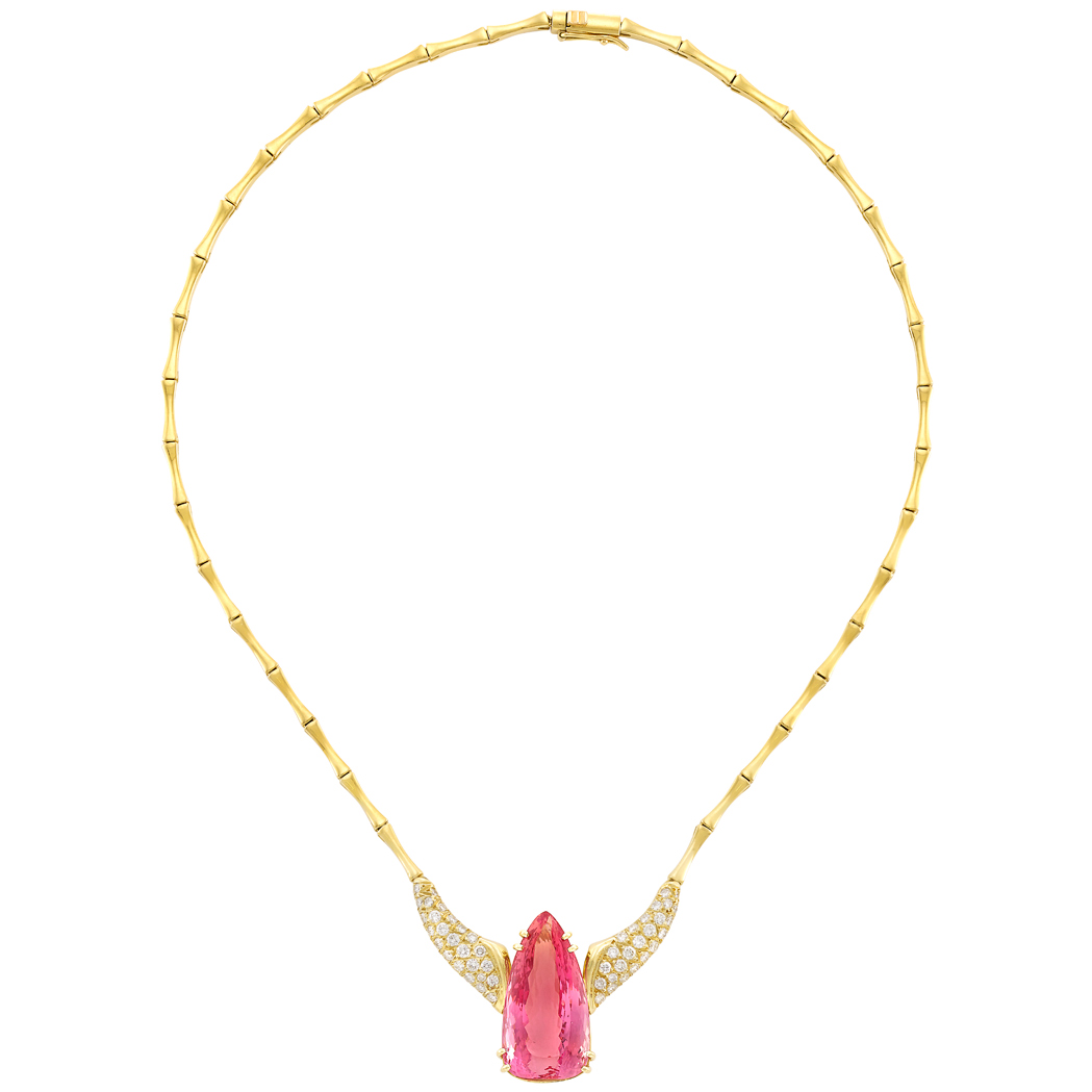 Lot image - Gold, Pink Topaz and Diamond Bamboo Link Necklace