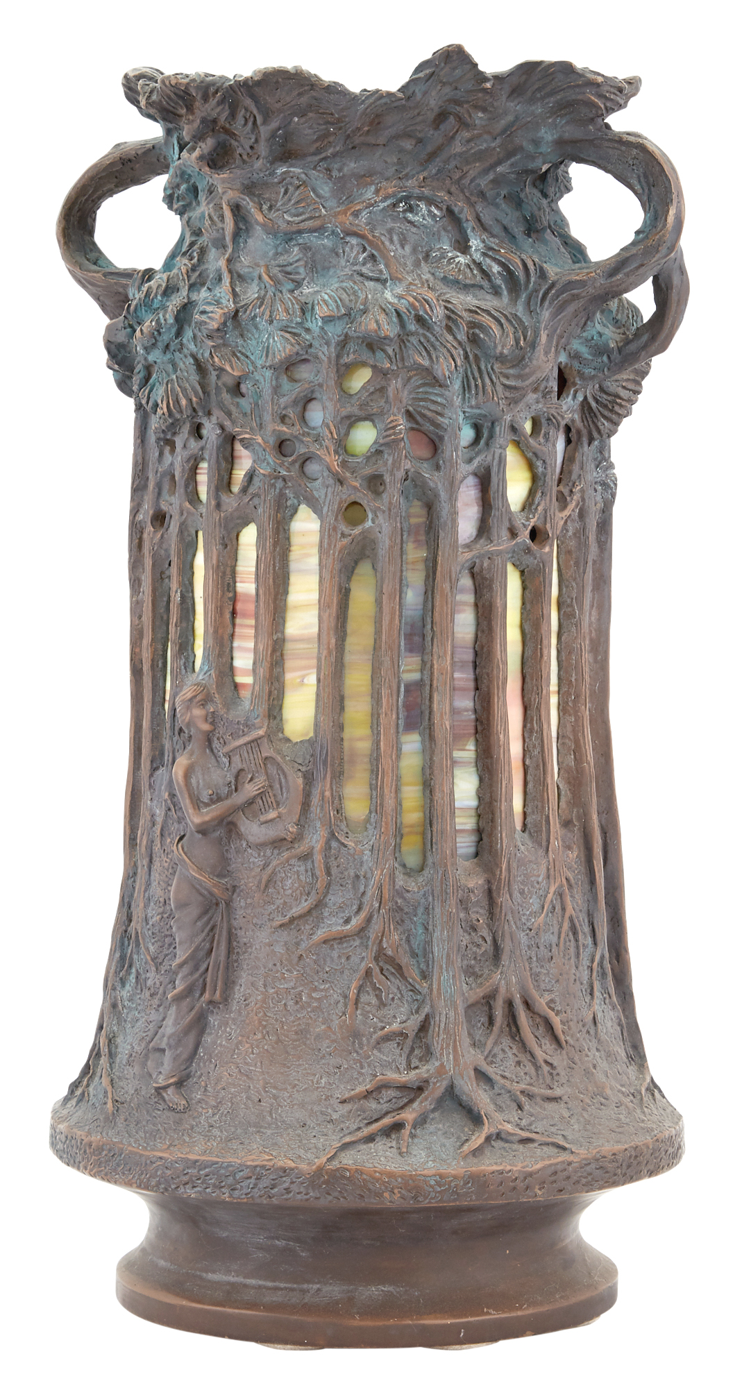 Lot image - Art Nouveau Style Bronze and Leaded Glass Two-Handled Urn-Form Lamp