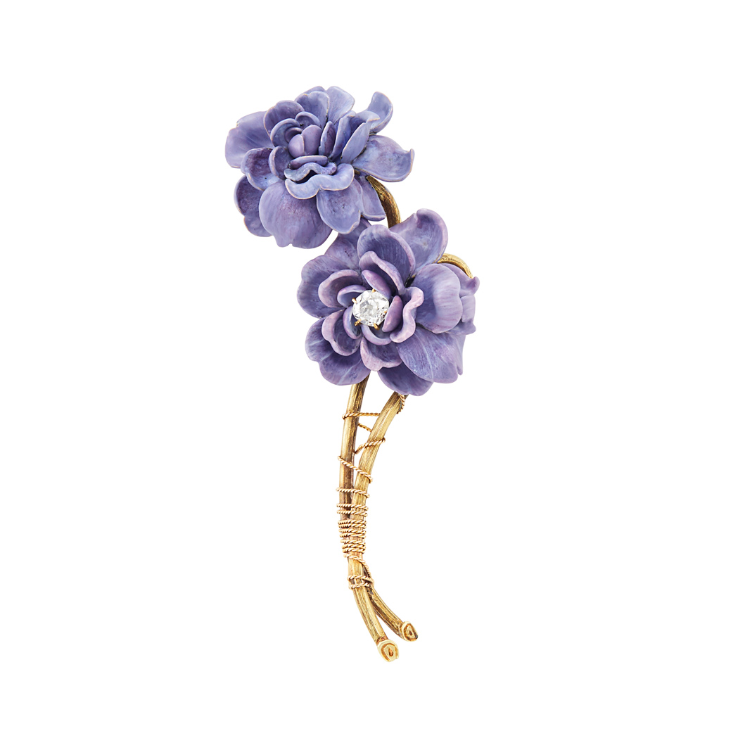 Lot image - Antique Gold, Purple Enamel and Diamond Floral Brooch, by Paulding Farnham, Tiffany & Co.