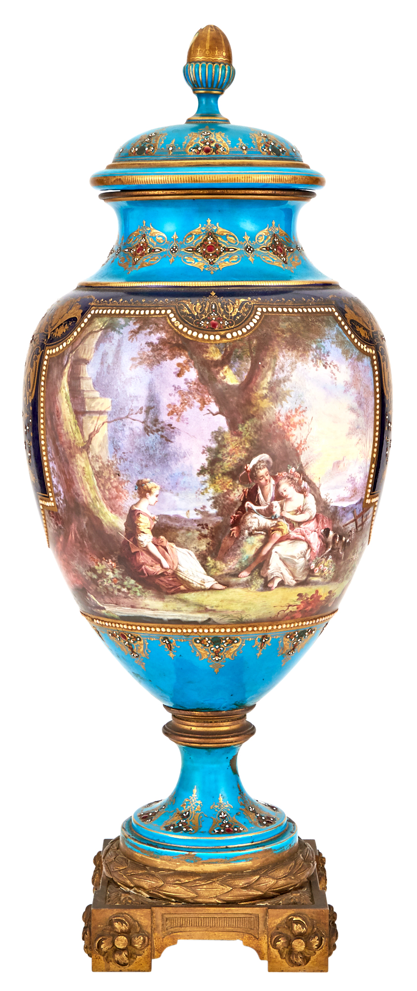 Lot image - Sèvres Style Gilt-Metal Mounted Gilt and Hand-Painted Double Sided Turquoise Ground Jeweled Porcelain Covered Urn