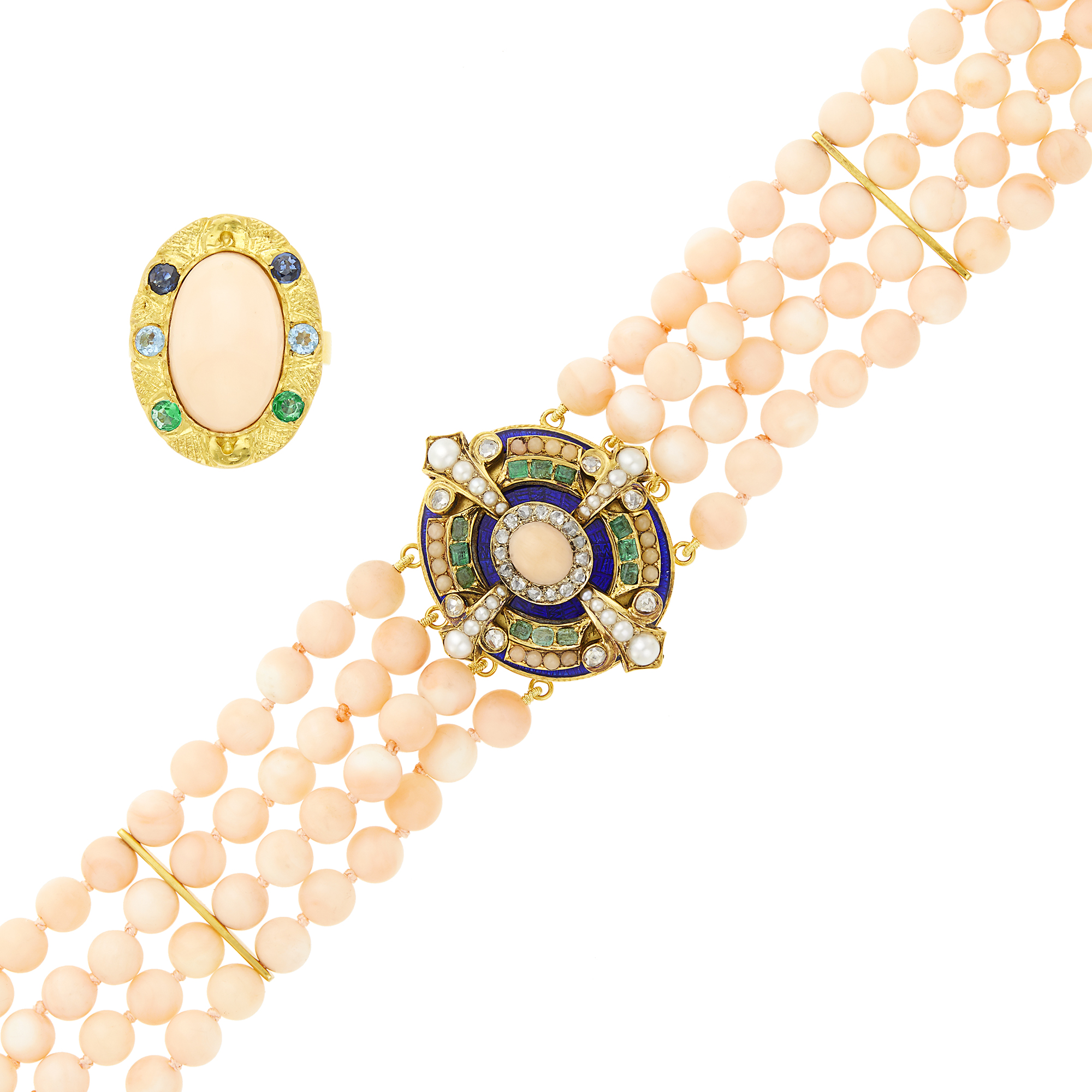 Lot image - Four Strand Angel Skin Coral Bead, Gold, Enamel, Emerald, Split Pearl and Diamond Bracelet and Ring