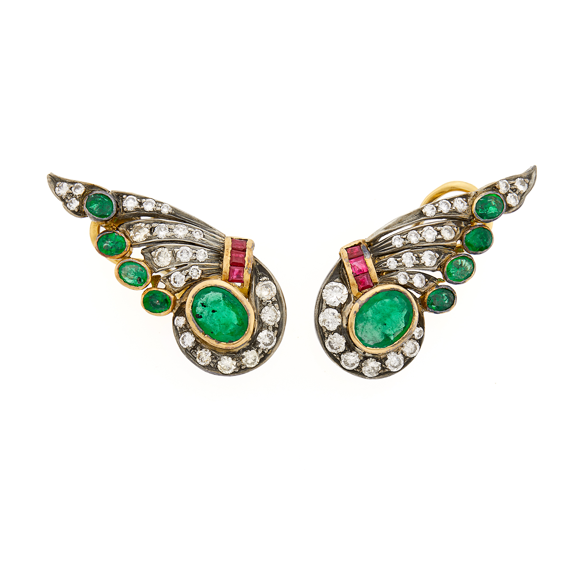 Lot image - Pair of Silver, Gold, Emerald, Ruby and Diamond Wing Earclips
