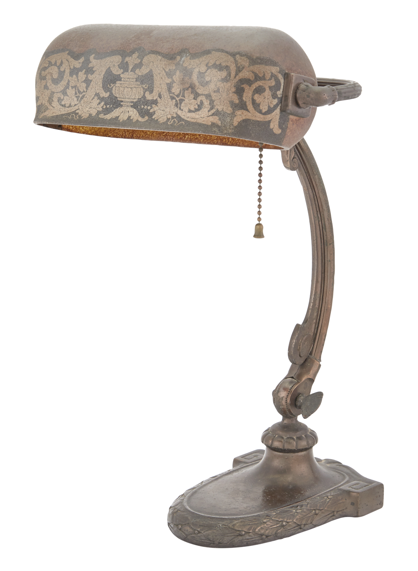 Lot image - Handel Co. Patinated Metal and Painted Glass Adjustable Desk Lamp