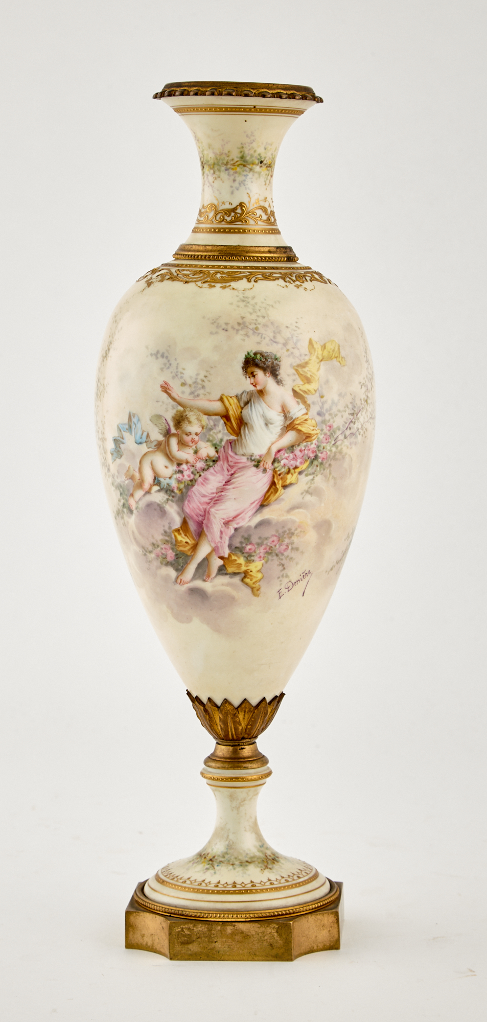 Lot image - Sèvres Style Gilt-Metal Mounted Hand-Painted Porcelain Garniture Urn