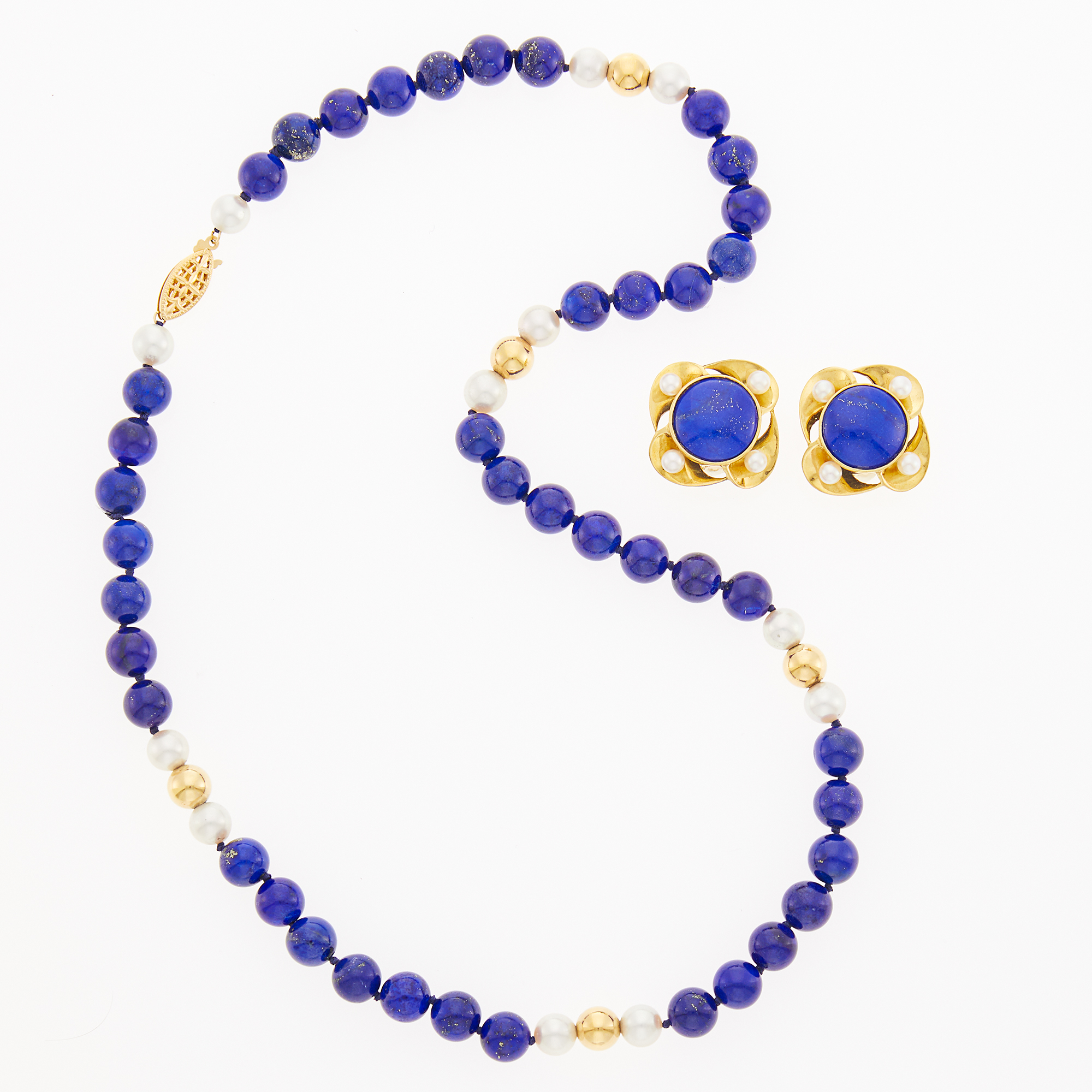 Lot image - Cultured Pearl, Lapis and Gold Bead Necklace and Pair of Earclips