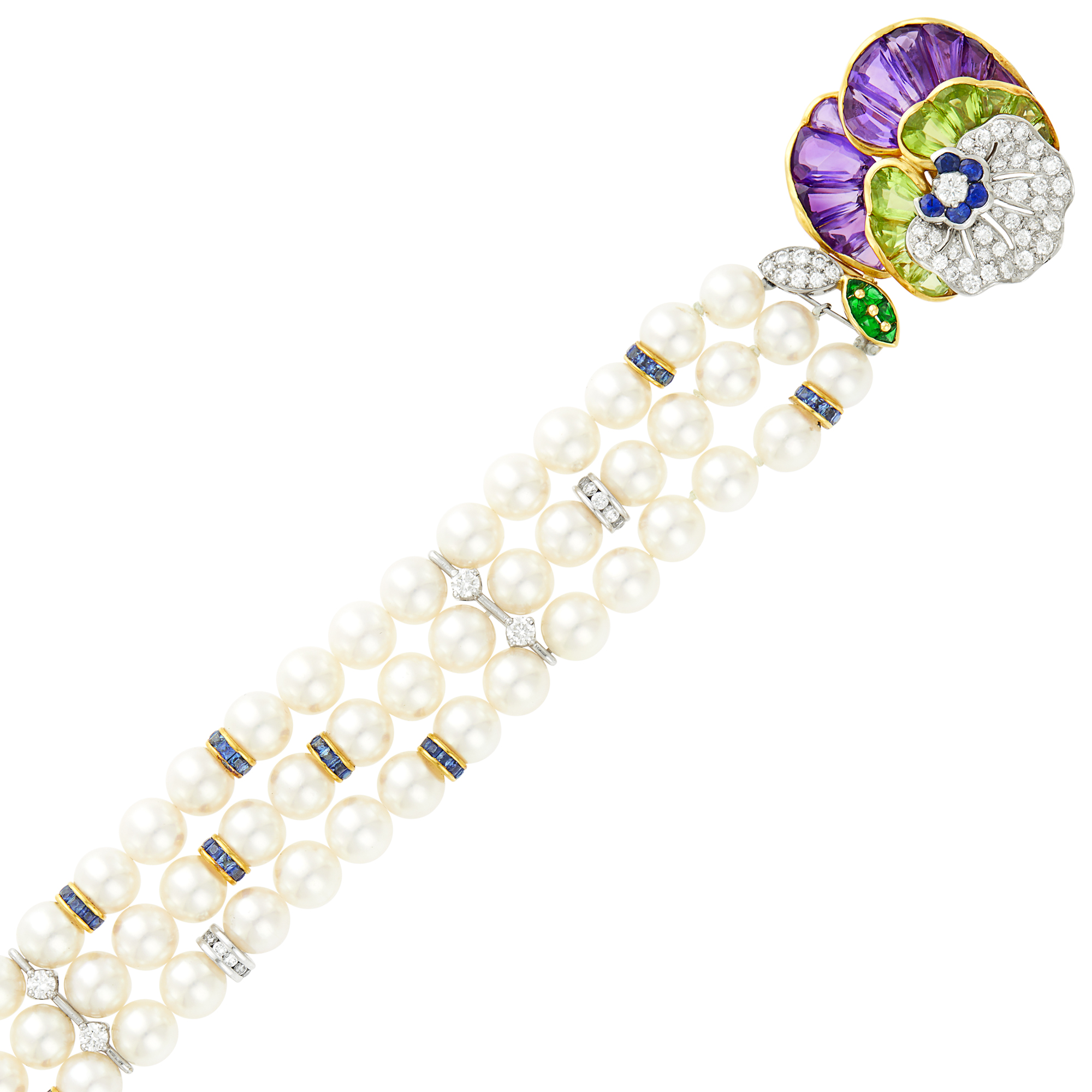 Lot image - Oscar Heyman & Brothers Triple Strand Cultured Pearl, Gold, Platinum, Gem-Set and Diamond Bracelet with Pansy Clasp