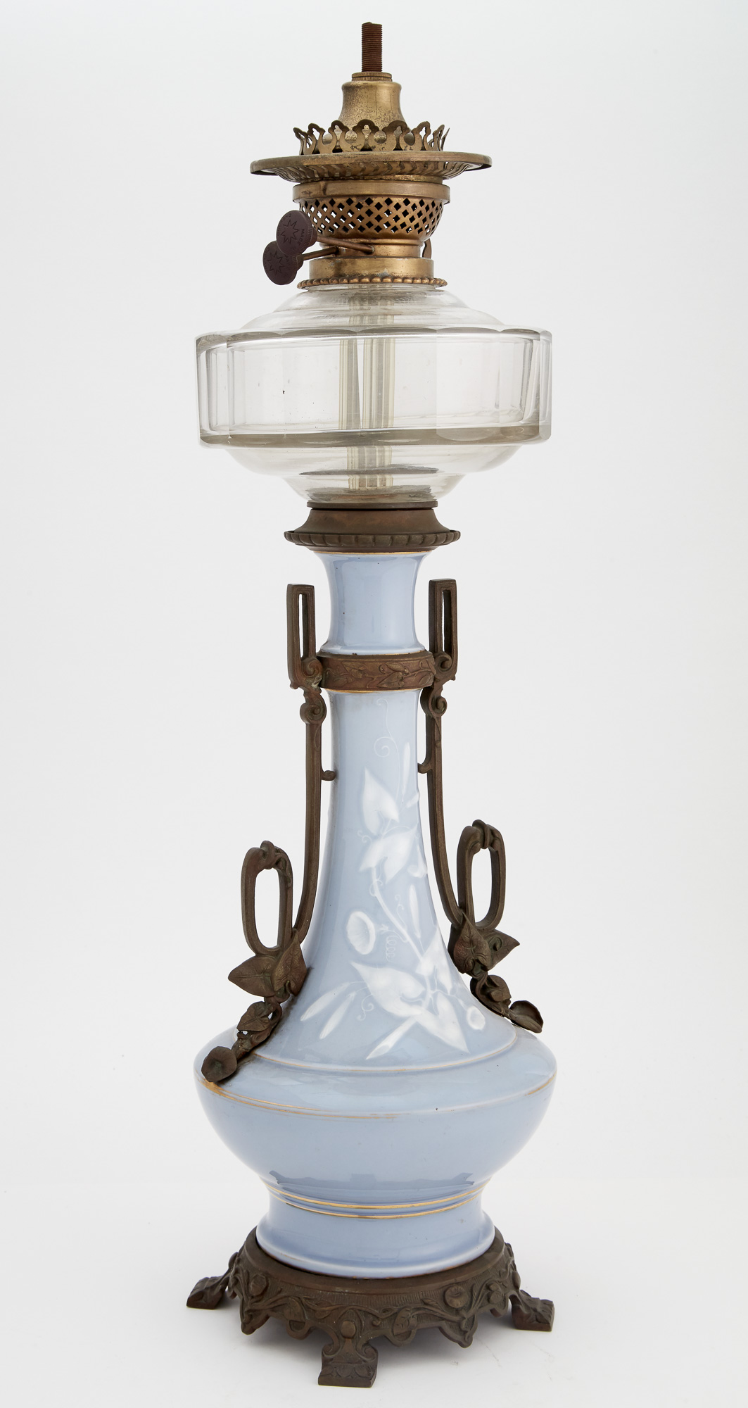 Lot image - French Metal Mounted Molded Glass and Pâte-Sur-Pâte Powder Blue Ground Porcelain Two-Handled Oil Lamp