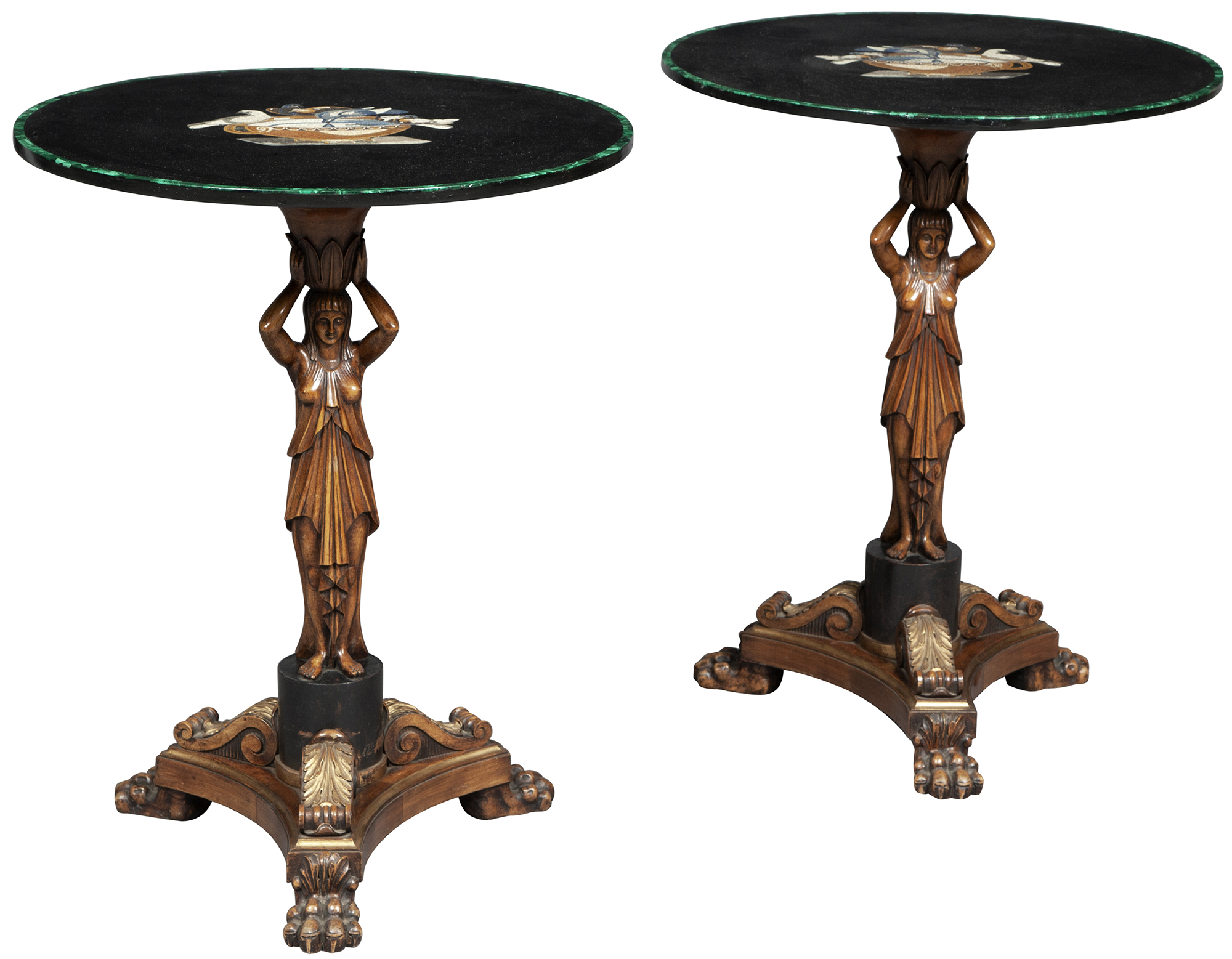 Lot image - Pair of Neoclassical Style Beechwood, Part-Ebonized and Micromosaic Tables