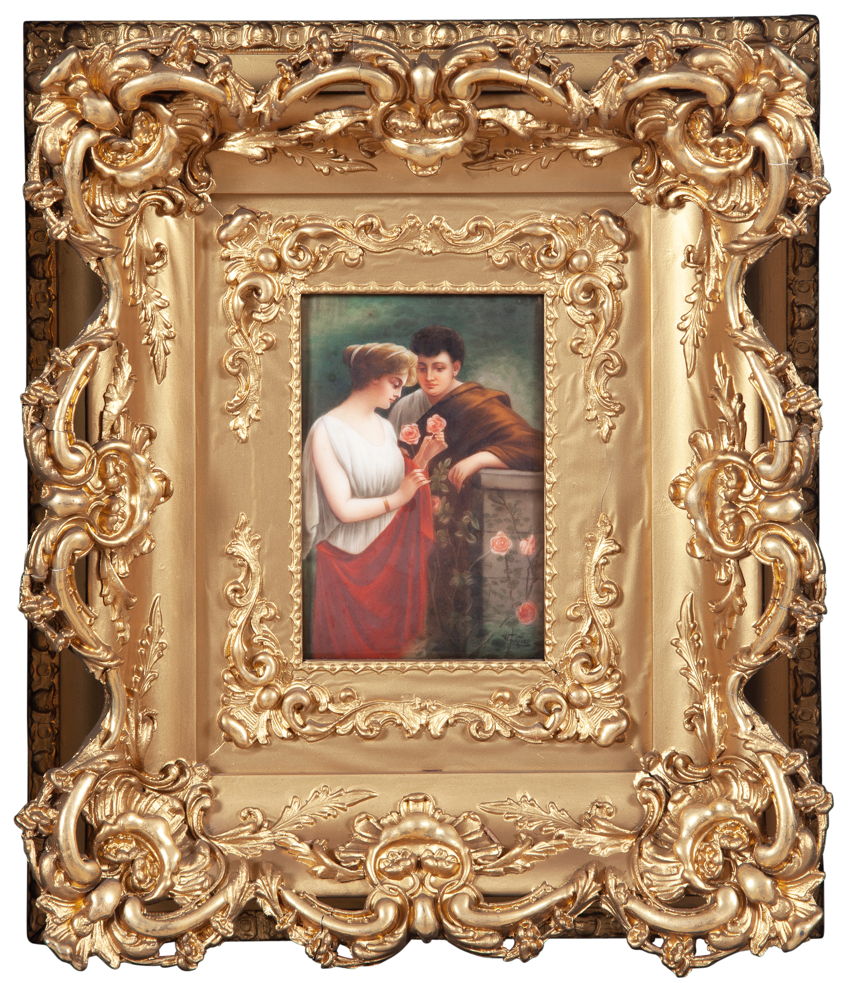 Lot image - Continental Painted Porcelain Plaque of a Courting Couple Titled Rosenreit