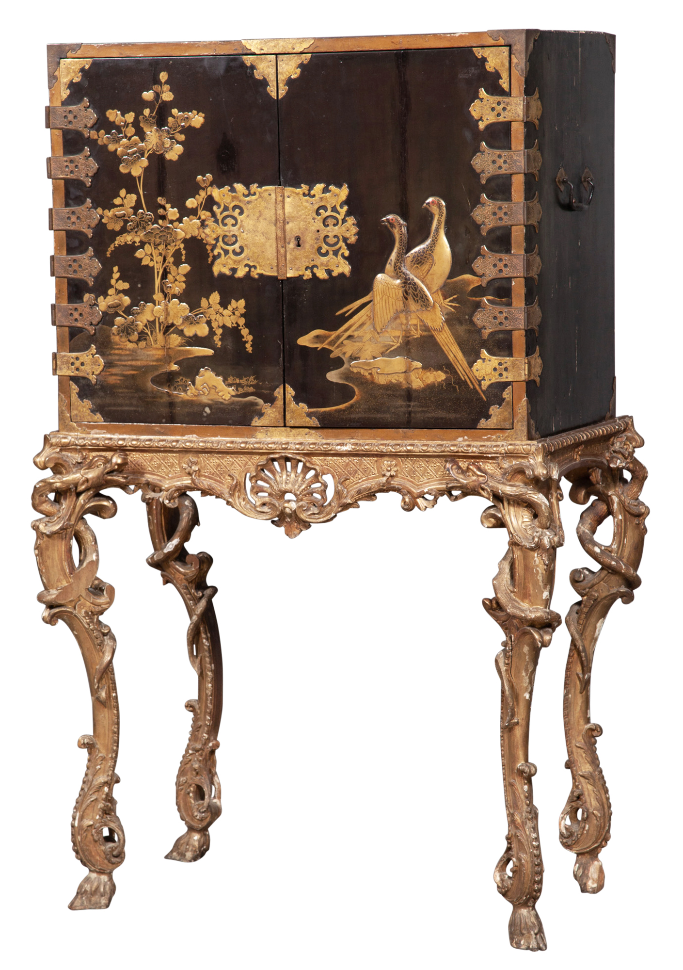 Lot image - Japanese Gilt-Brass Mounted Black Lacquer and Parcel-Gilt Cabinet on a late Régence Giltwood Stand