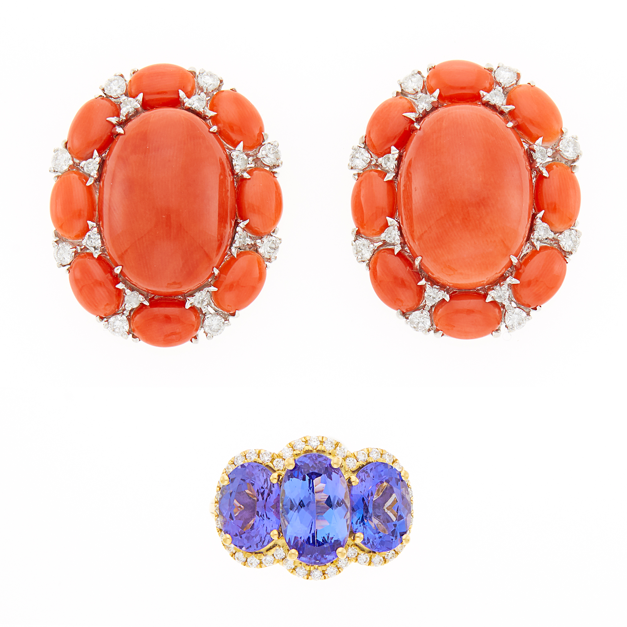 Lot image - Gold, Tanzanite and Diamond Ring and Pair of White Gold, Coral and Diamond Earrings
