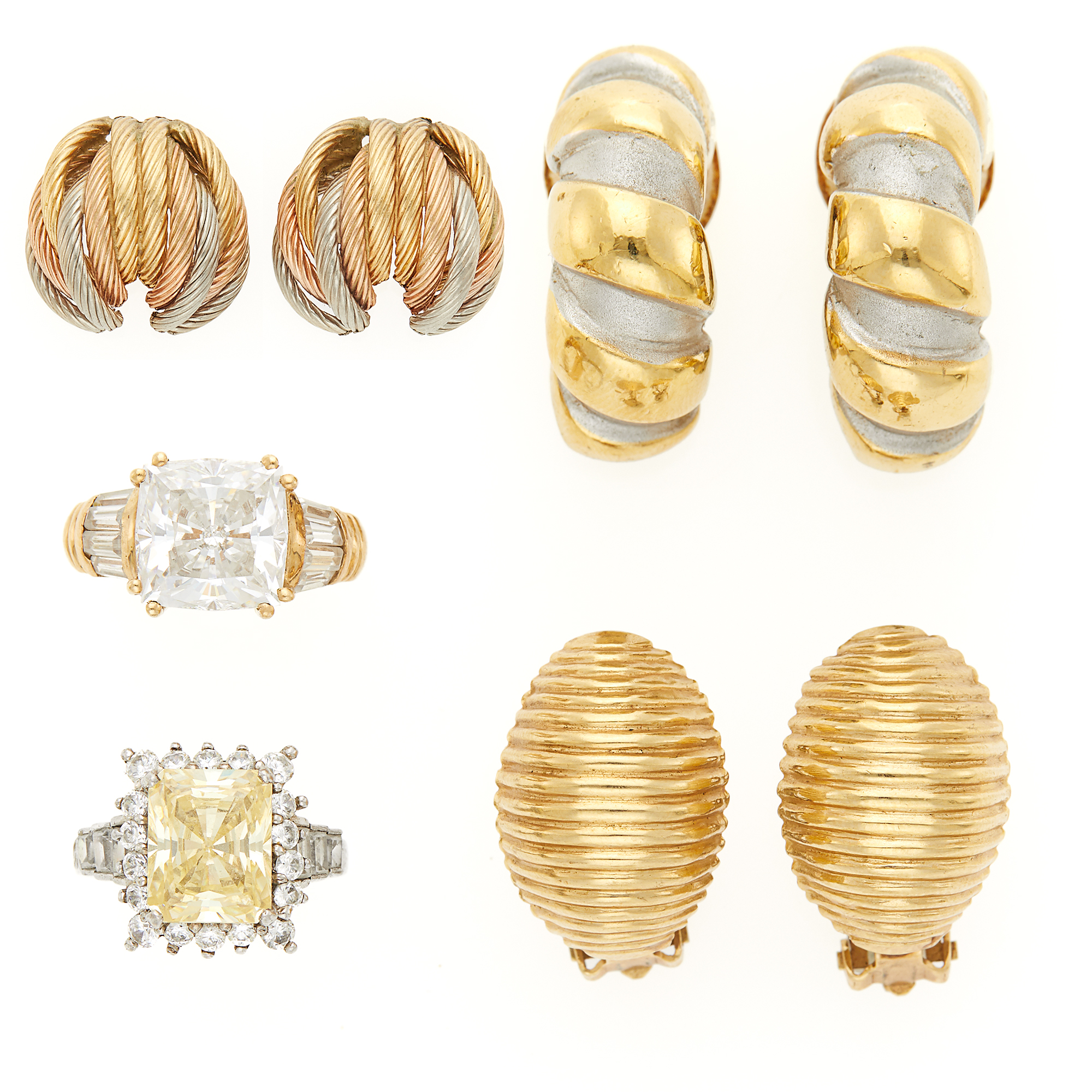 Lot image - Two Gold, Silver and Simulated Stone Rings, Pair of Gold Earrings and Two Pairs of Costume Earrings