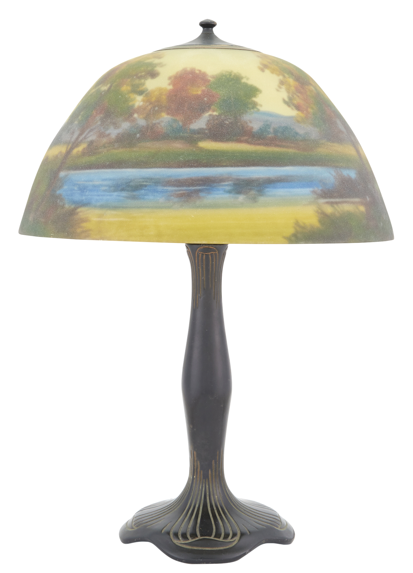 Lot image - Moe Bridges Co. Reverse Painted Glass and Patinated Metal Landscape Scene Table Lamp