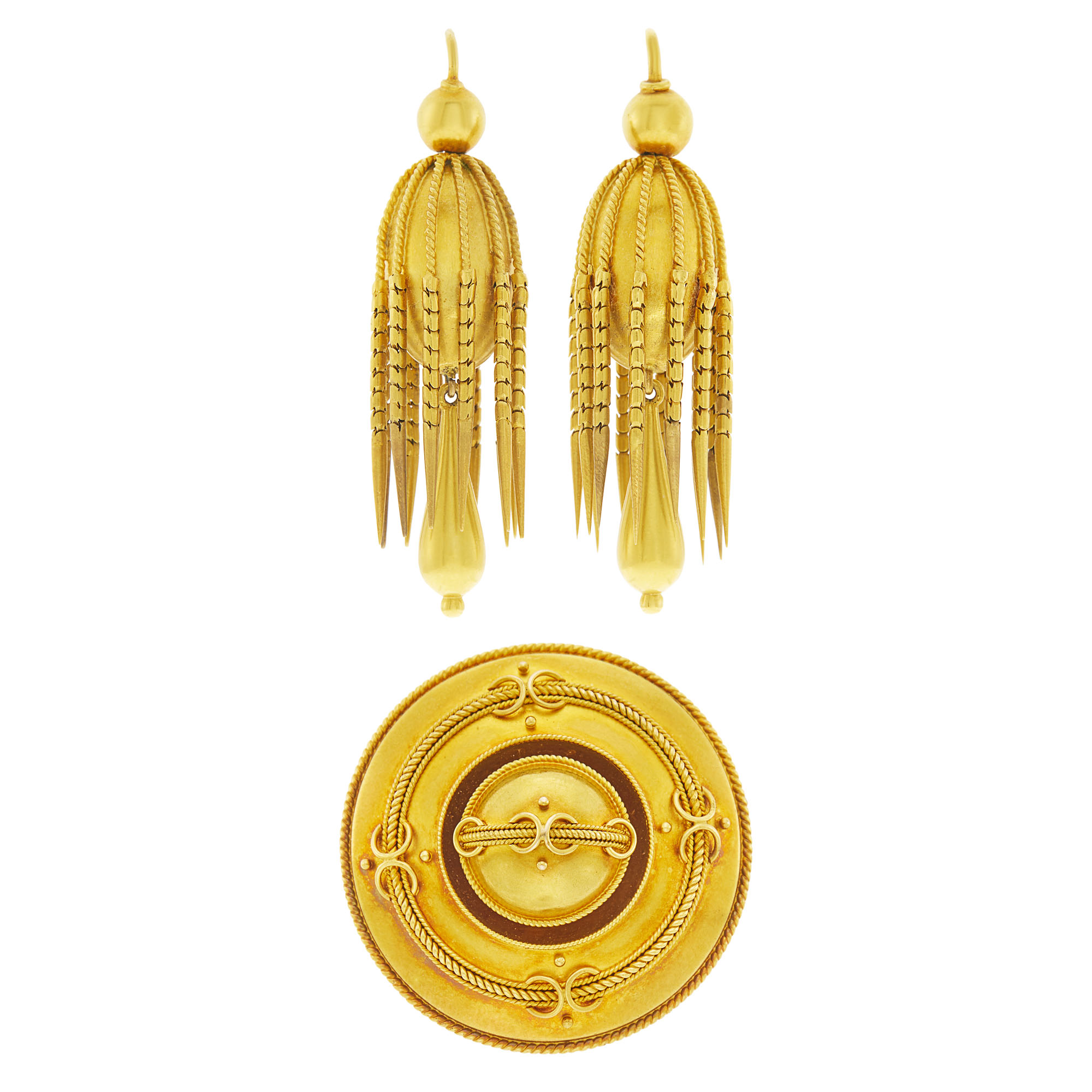 Lot image - Pair of Etruscan Revival Gold Fringe Pendant-Earrings and Brooch