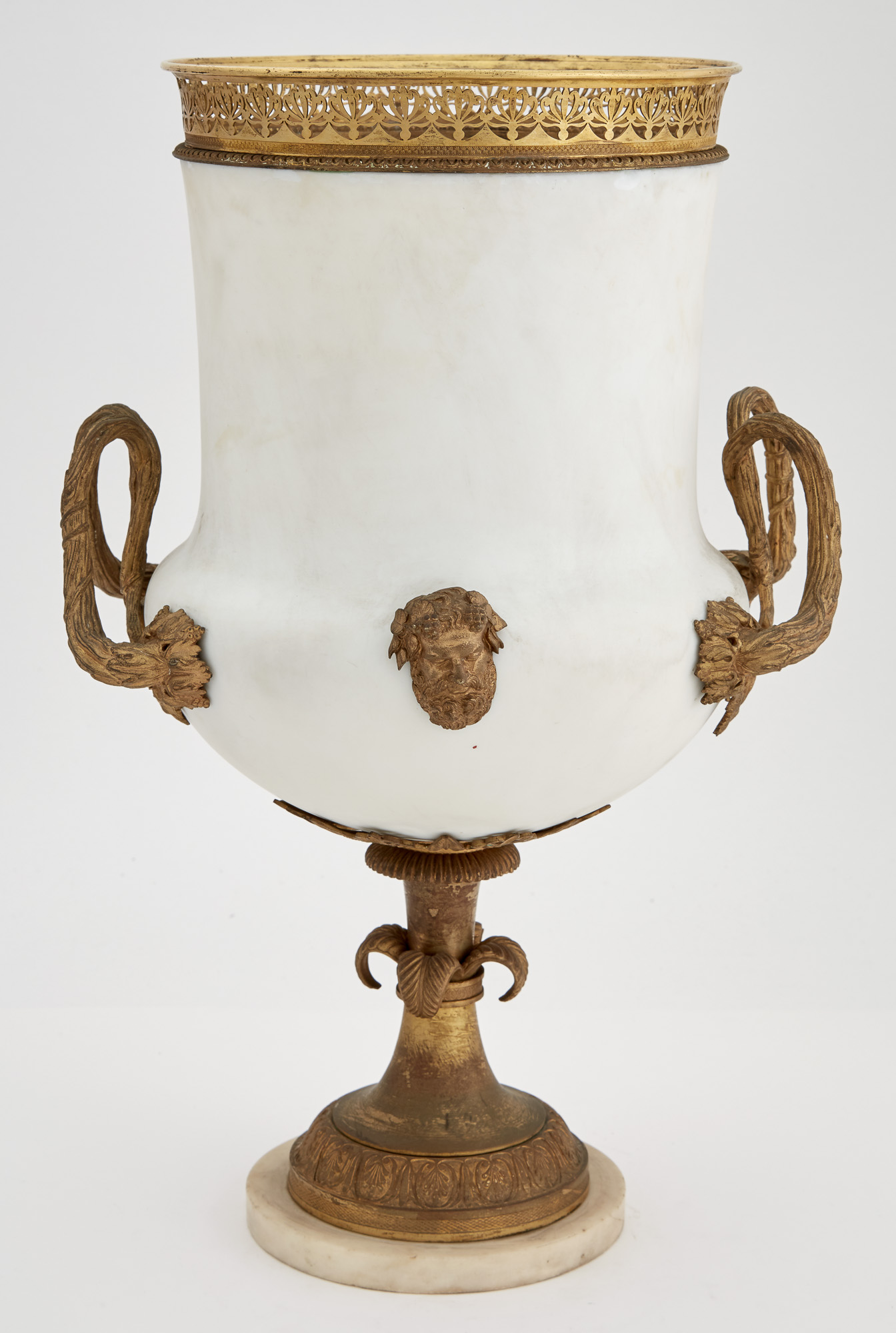 Lot image - Empire Style Gilt-Metal Mounted Opaque White Molded Glass Two-Handled Urn