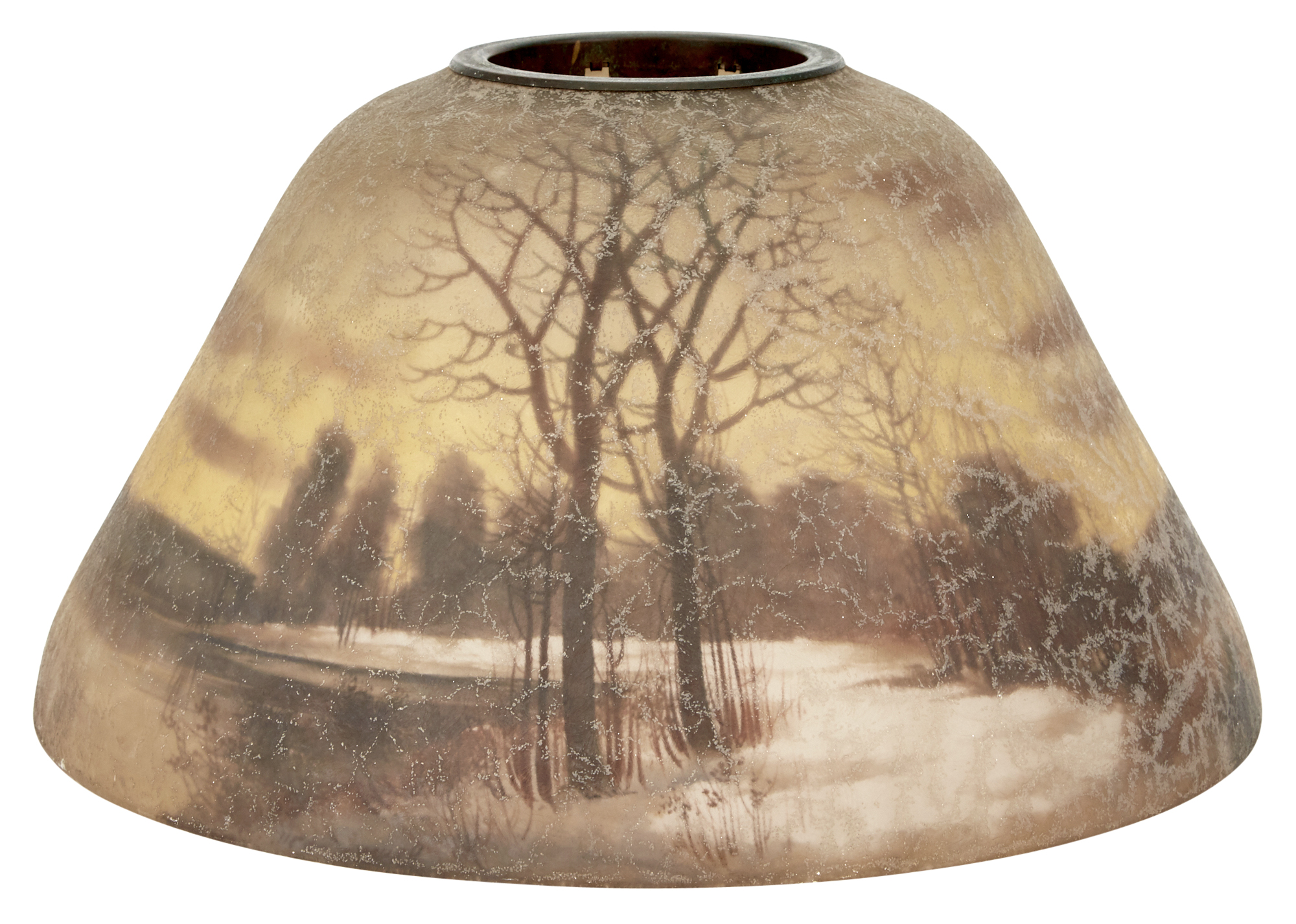 Lot image - Handel Co. Reverse Painted Glass Lamp Shade with Tree Landscape Scene
