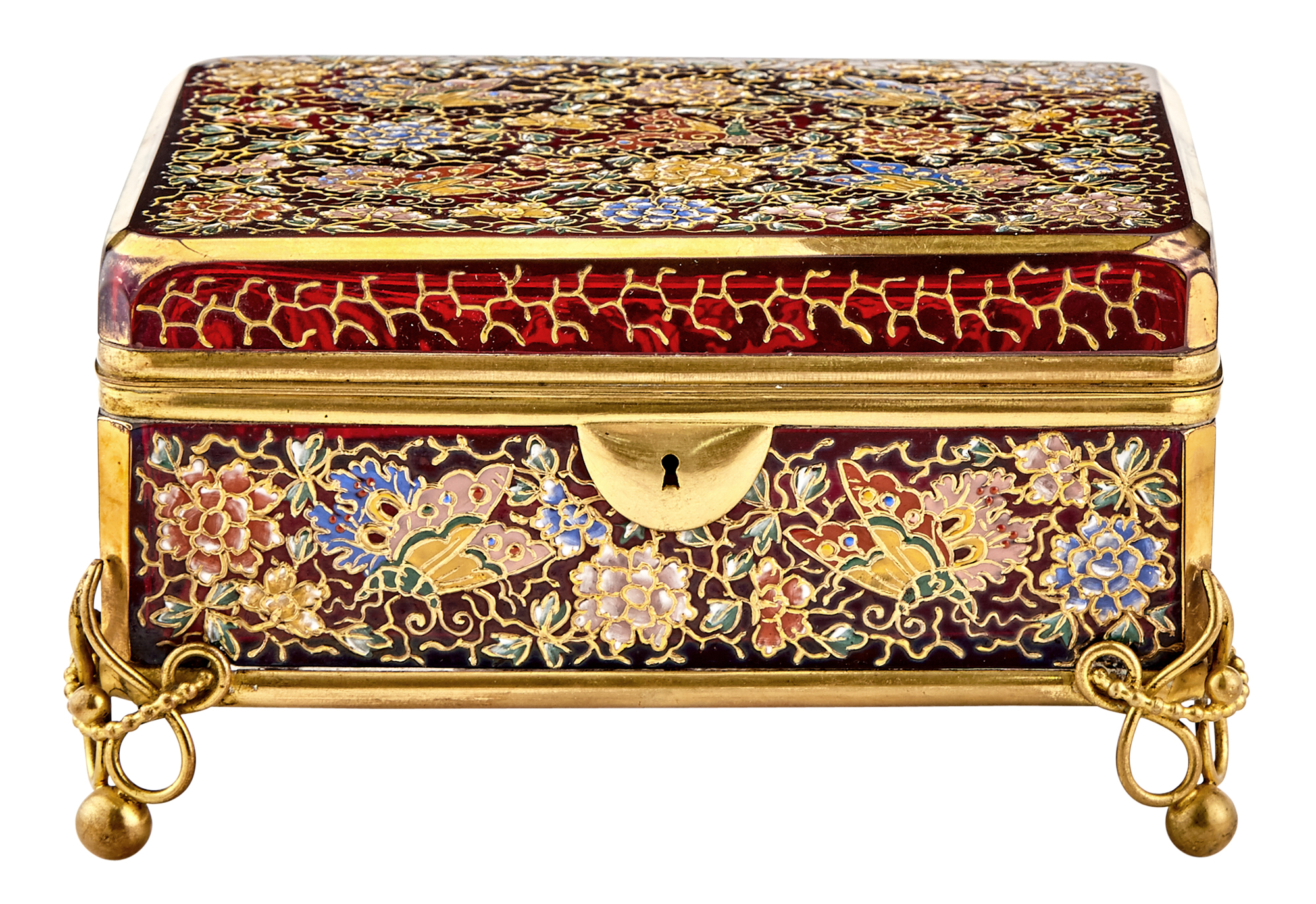 Lot image - Bohemian Gilt-Metal Mounted Gilt and Enameled Ruby Glass Footed Jewelry Box