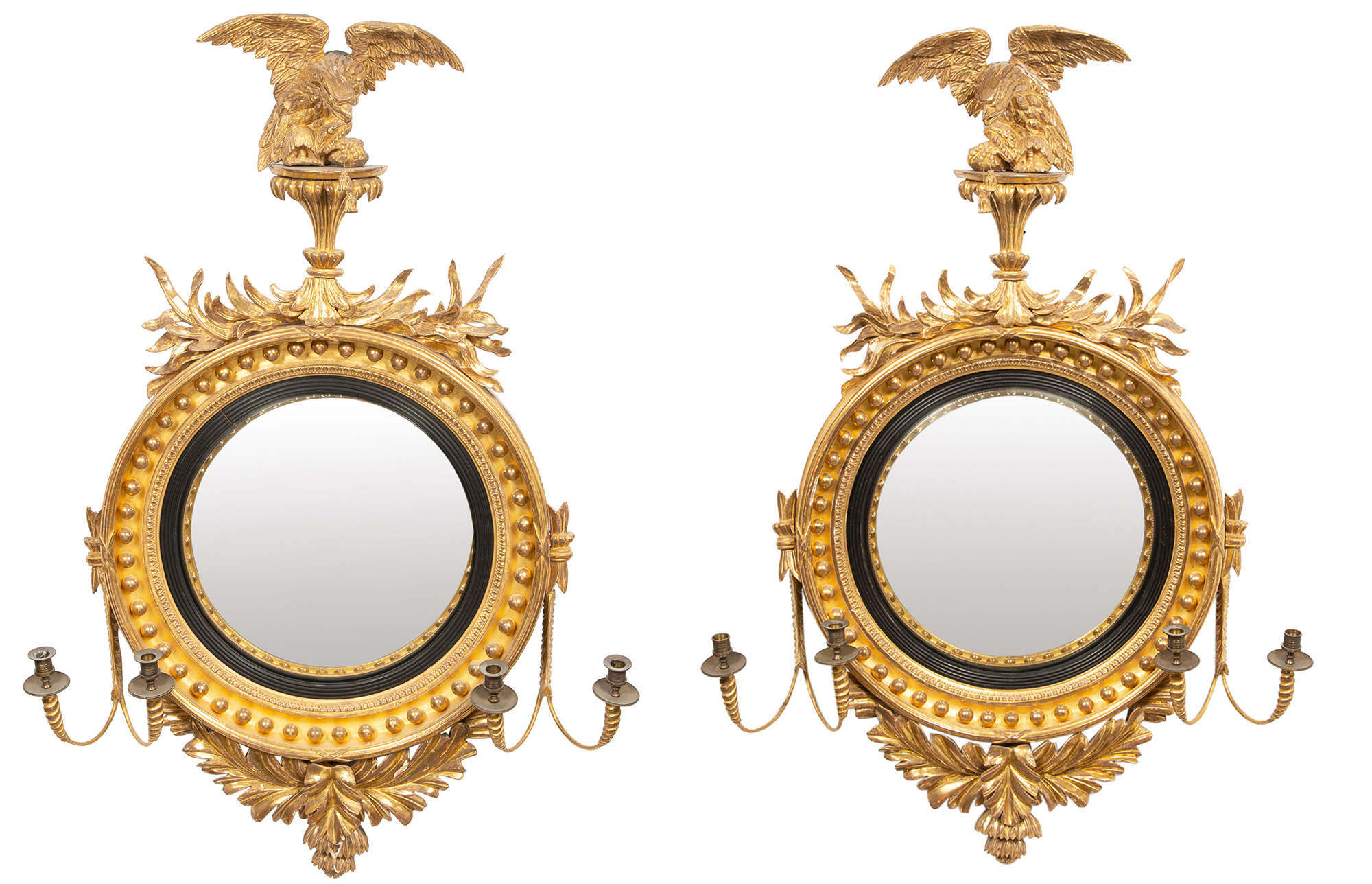 Lot image - Pair of Regency Giltwood and Ebonized Twin-Branch Girandoles