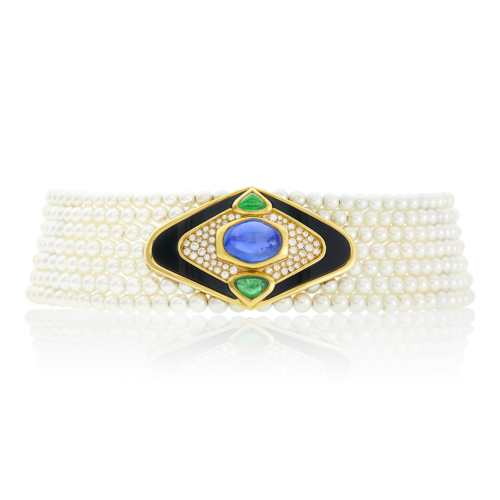 Lot image - Marina B Seven Strand Cultured Pearl, Gold, Cabochon Sapphire and Emerald, Black Onyx and Diamond Terry Perles Necklace, France